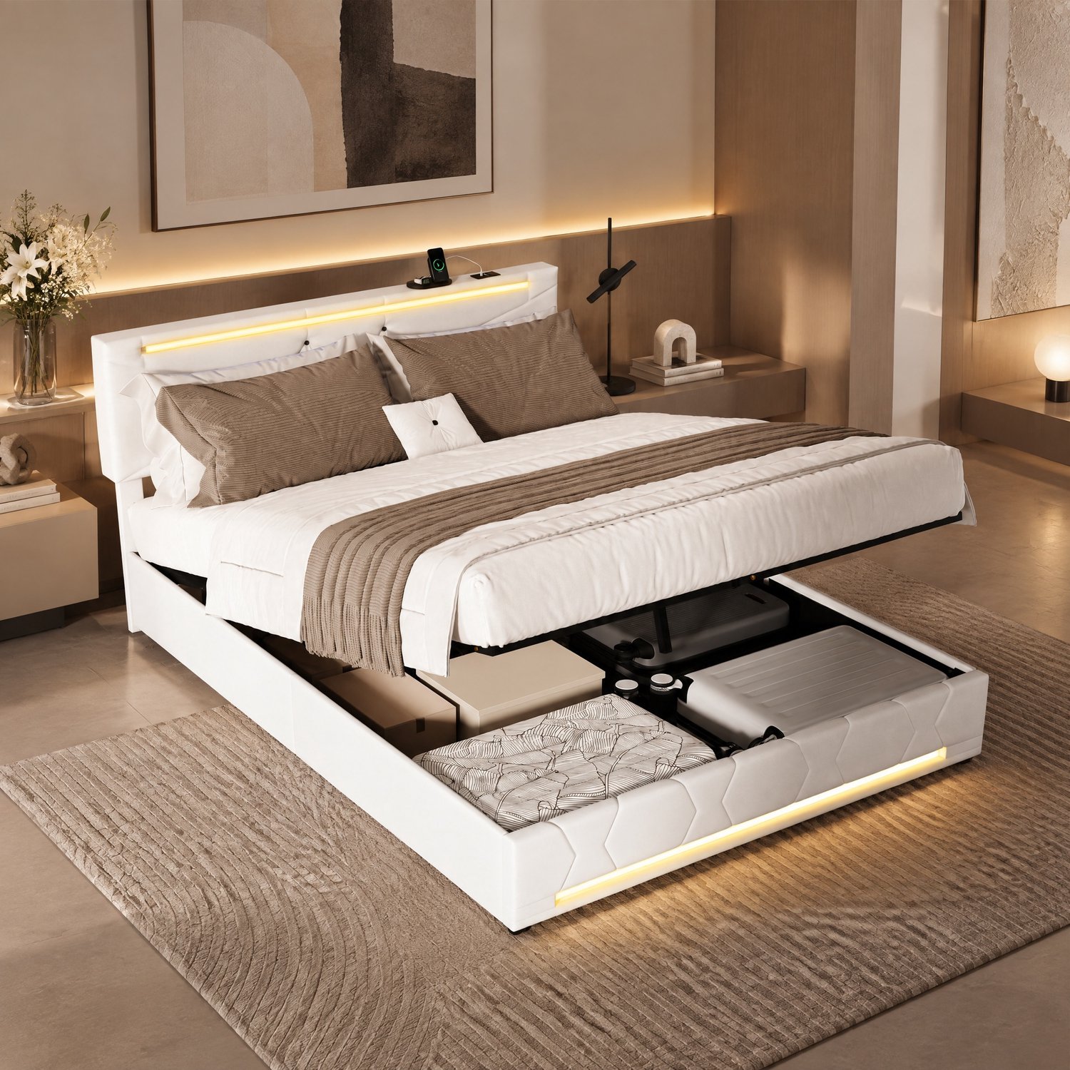 MEXUS Opbergbed 160x200 cm met led-verlichting in de plint, gestoffeerd tweepersoonsbed met hydraulische opbergruimte, in hoogte verstelbaar hoofdeinde, bedframe voor volwassenen en tieners, matras niet inbegrepen, linnen Beige