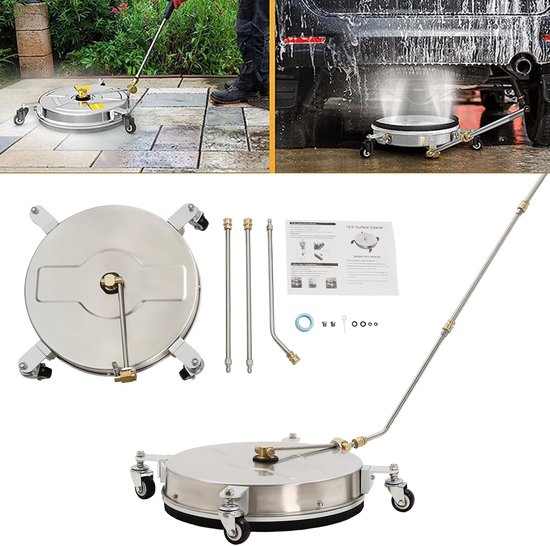 42 cm hogedrukreiniger, 2-in-1 oppervlaktereiniger, drukwasstraatopzetstuk, drukchassisreiniger, roestvrij staal, oppervlaktereiniger met 4 wielen en 3/8 inch universele aansluiting voor — afbeelding 4