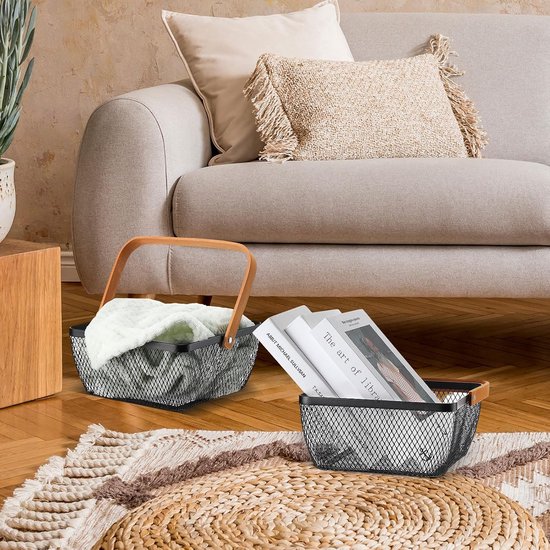 6 stuks metalen gaas stalen mand met handvat kleine winkelmandjes vierkante draad oogst opbergmand voor keuken opslag tuin picknick badkamer organiseren, 20 x 20 x 10 cm (zwart) — afbeelding 2
