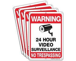 Faittoo 4-Pack Video Surveillance Sign, No Trespassing Metal Reflective Warning Sign, 10 x7 Inches 0.40 Aluminum Indoor or Outdoor Use for Home Busine
