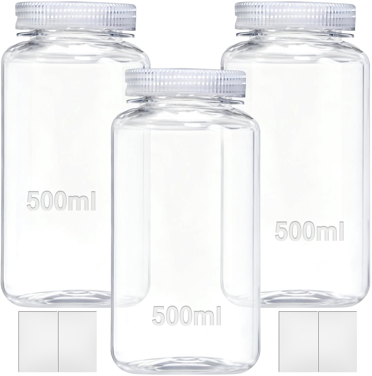 qjuwhua 3 stuks flessen met brede hals, 500 ml, laboratoriumfles, lege plastic fles om te vullen, kleine plastic fles, lekvrij, transparant, met brede