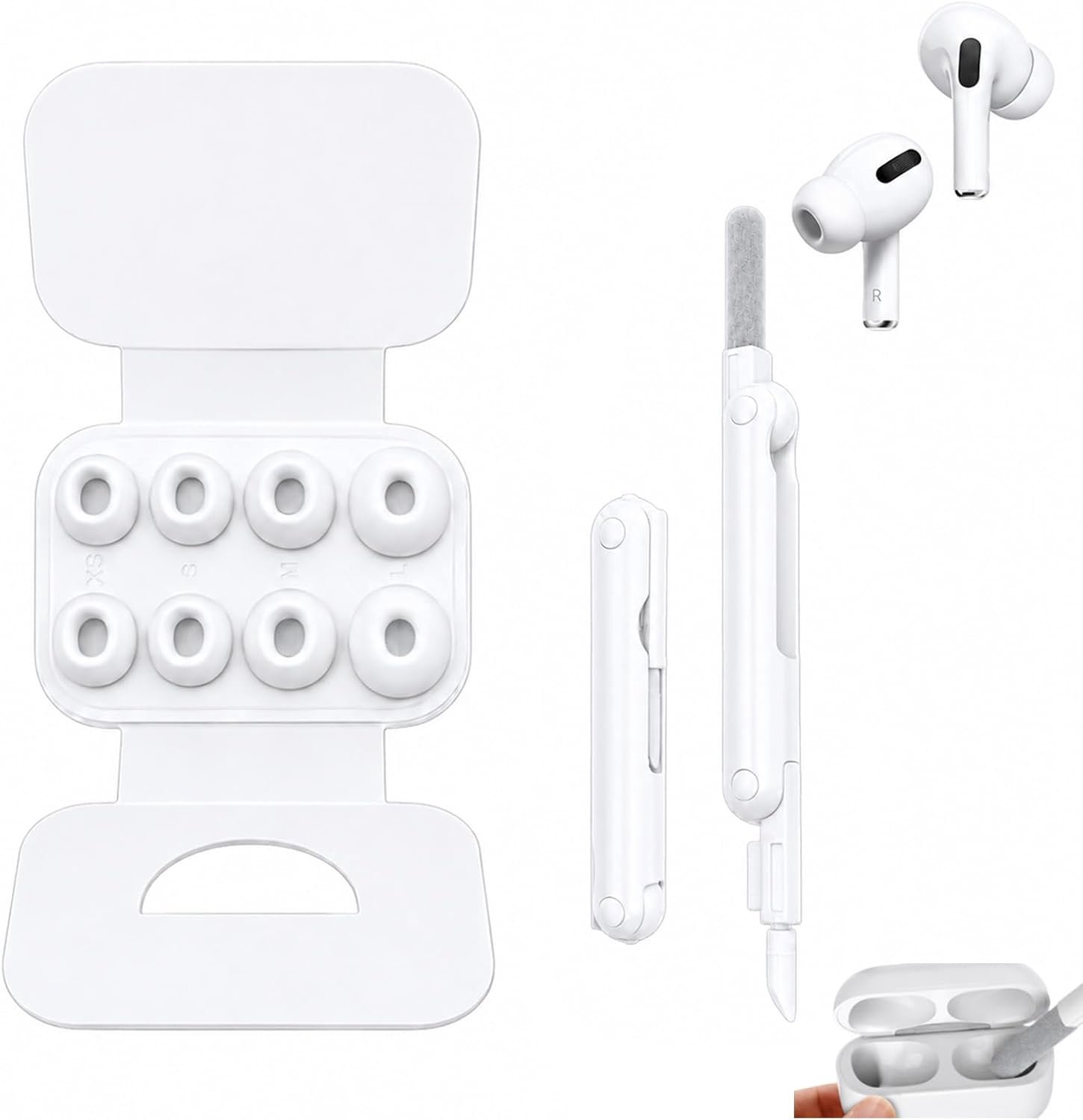 4 paar vervangende siliconen oordopjes voor AirPods Pro en AirPods Pro 2, XS/S/M/L, premium oordopjes met 3-in-1 reinigingsset en opbergdoos, geluidsreductie, wit
