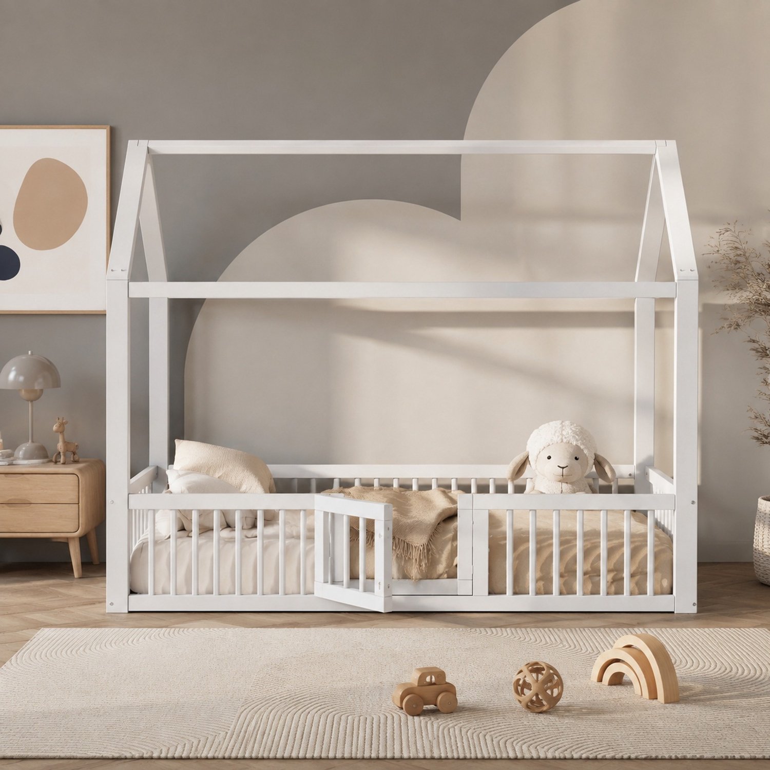 Huisbed 90 x 200 cm - Kinderbed met deurtje - Wit