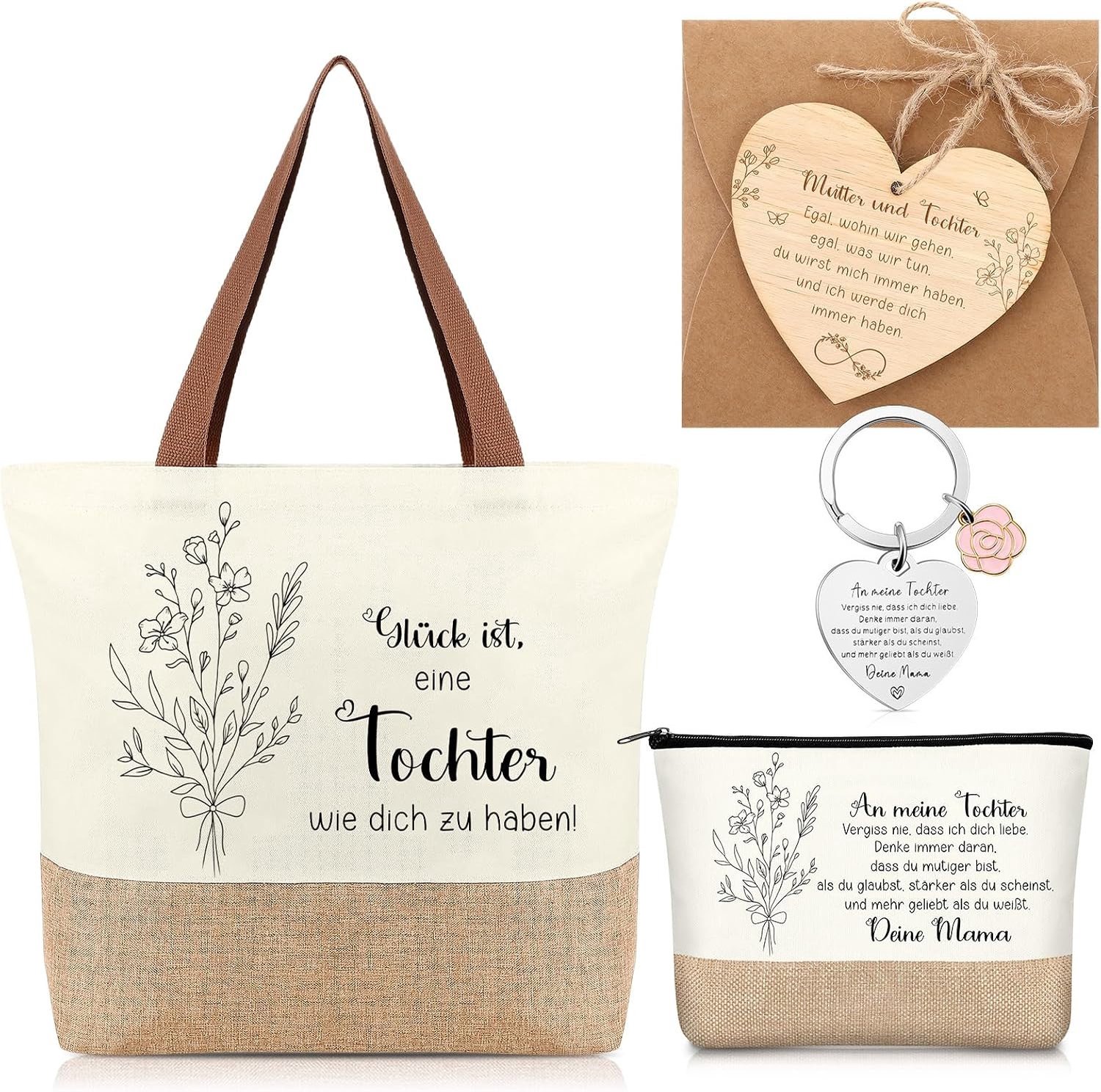 Moeder-dochter cadeau set met jute schoudertas, make-up tas, sleutelhanger en hartvormig houten bord voor afstuderen van dochter