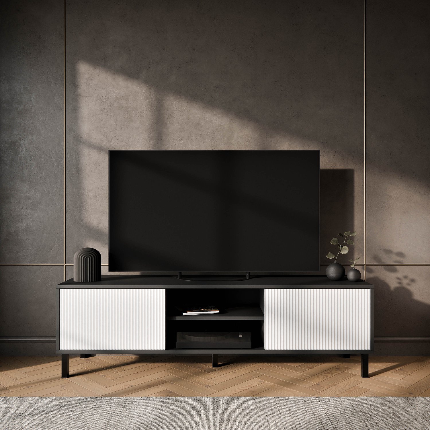 Planetmöbel LIORA - TV-meubel 150 cm - Antraciet - Met Wit hoogglans deur Antraciet / Wit