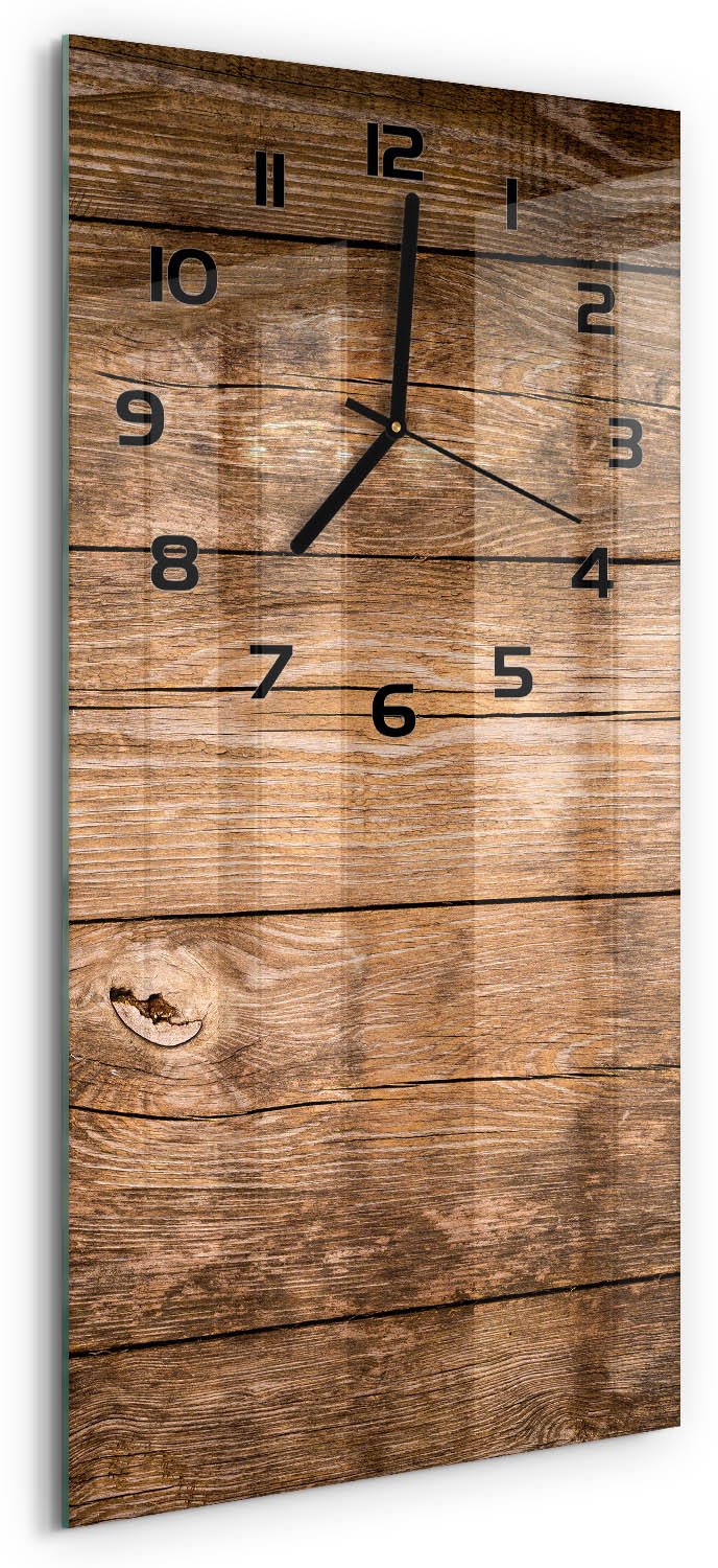 Tulup Wandklok - Houten achtergrond Klok Glas Met Opdruk - 30x60 cm - Bruin Moderne Wandklok Glas - Zwarte handen - Rechthoekige Klok - Decoratieve Glazen Klok - Glazen Wandklok Design