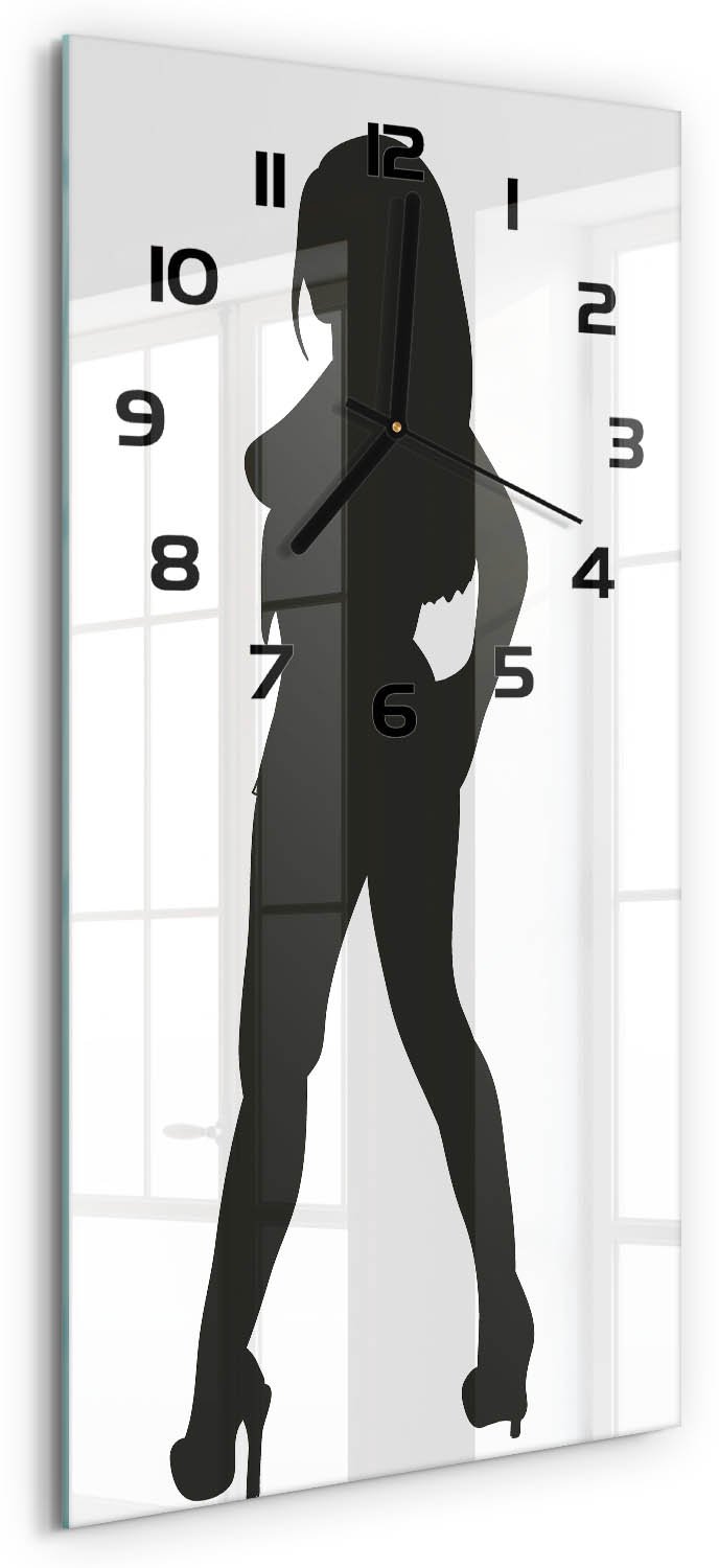 Tulup Wandklok - Silhouet van een vrouw Glazen Wandklok Design - 30x60 cm - Zwart-wit Klok Glas Met Opdruk - Zwarte handen - Rechthoekige Klok - Wandklok Glas Met Motief - Decoratieve Glazen Klok