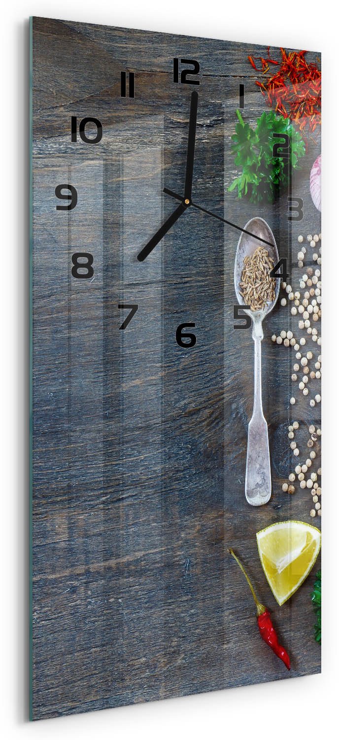 Tulup Wandklok - Specerijen en kruiden Decoratieve Glazen Klok - 30x60 cm - Veelkleurig Glazen Wandklok Design - Zwarte handen - Rechthoekige Klok - Glazen Klok Met Print - Wandklok Glas Met Motief