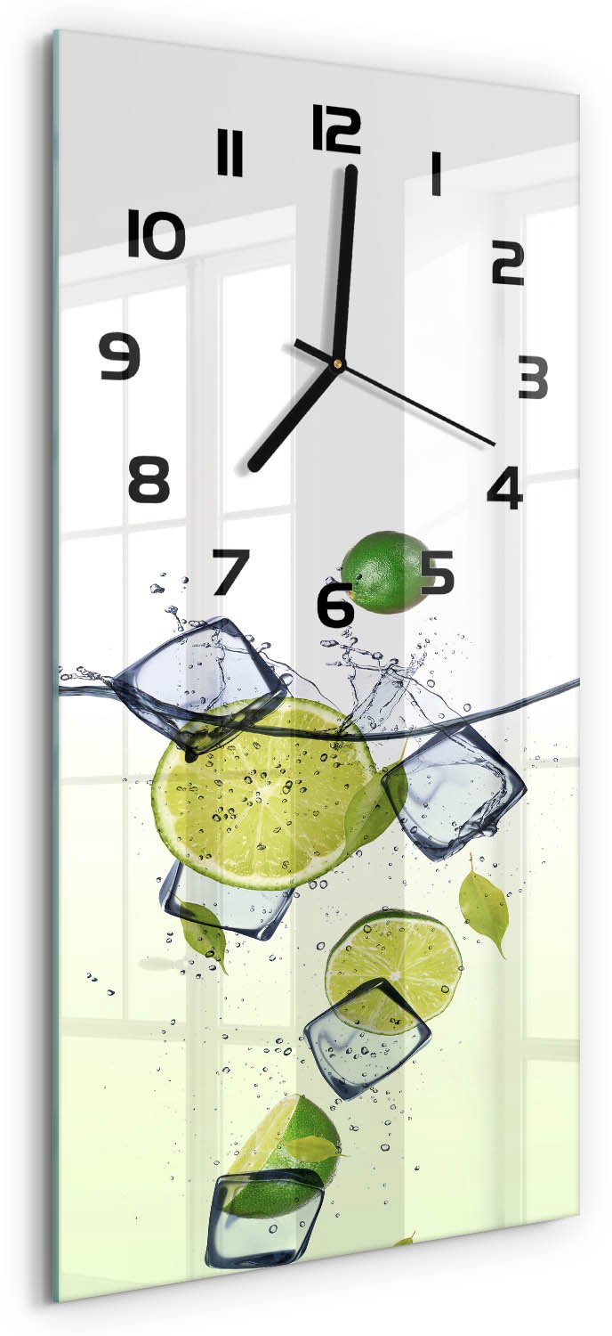 Tulup Wandklok - Limoenen en ijs Decoratieve Glazen Klok - 30x60 cm - Groente Glazen Wandklok Design - Zwarte handen - Rechthoekige Klok - Glazen Klok Met Print - Wandklok Glas Met Motief