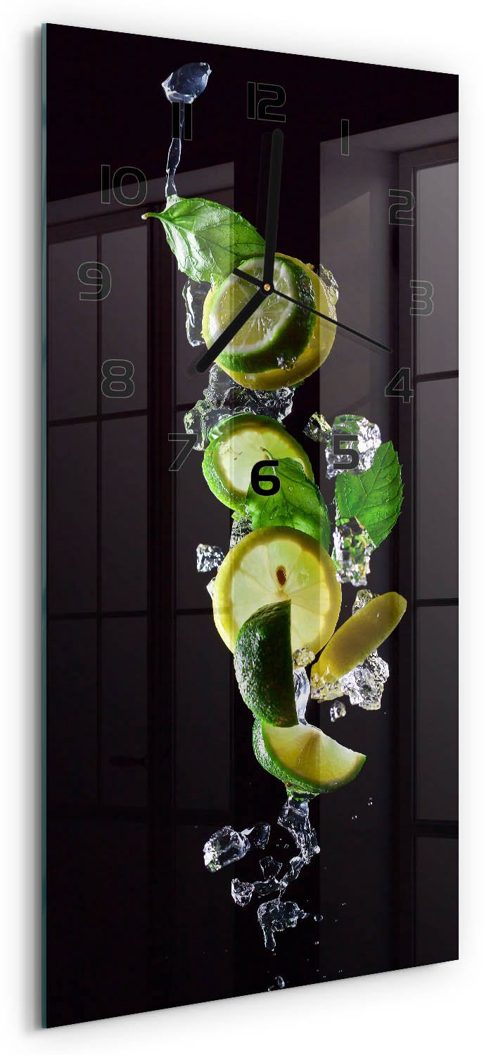 Tulup Wandklok - Limoen en citroen Wandklok Glas Decoratie - 30x60 cm - Groente Gekleurde Glazen Klok - Zwarte handen - Rechthoekige Klok - Klok Glas Met Opdruk - Moderne Wandklok Glas