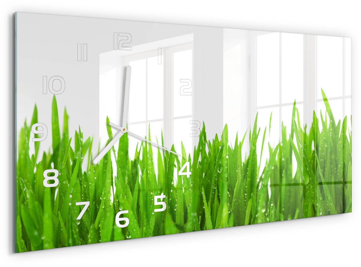 TULUP Wandklok - Gras Klok Glas Met Opdruk - 60x30 cm - Groente Moderne Wandklok Glas - Witte handen - Rechthoekige Klok - Decoratieve Glazen Klok - Glazen Wandklok Design