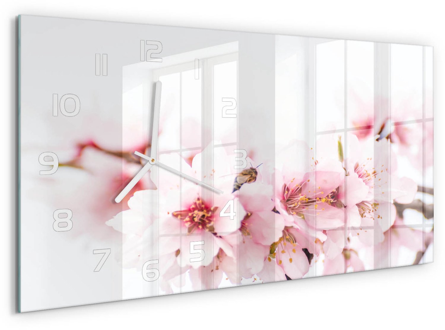 TULUP Wandklok - Kersenbloesem Gekleurde Glazen Klok - 60x30 cm - Roze Glazen Klok Met Print - Witte handen - Rechthoekige Klok - Moderne Wandklok Glas - Wandklok Glas Decoratie
