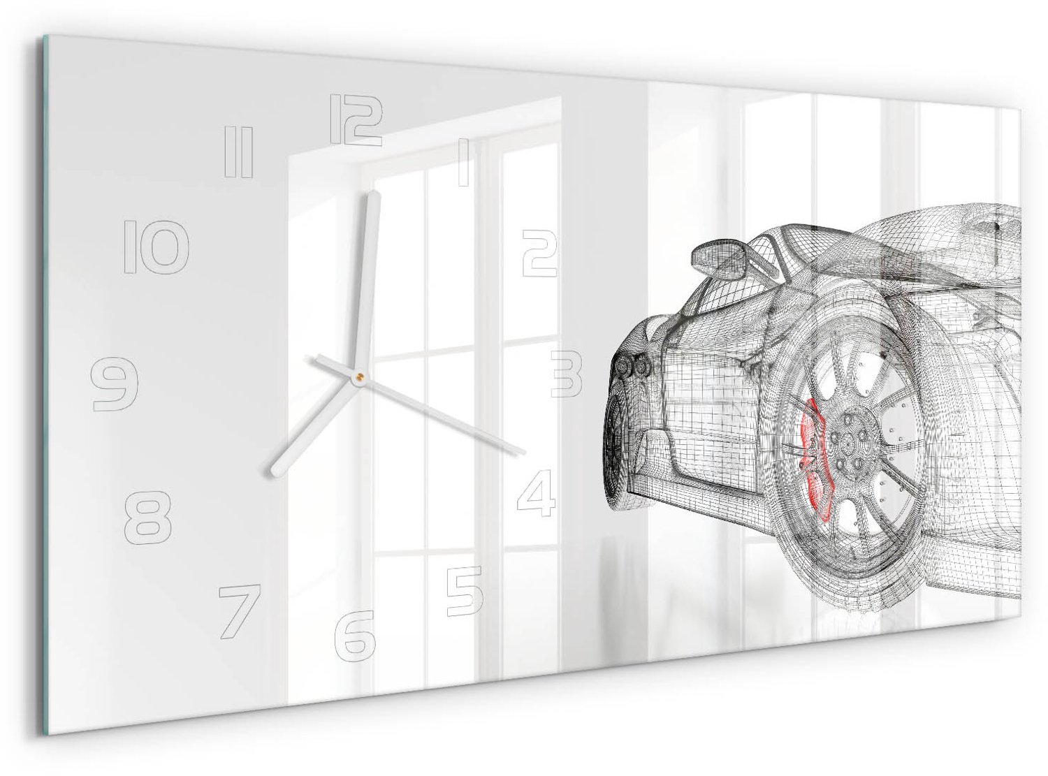 TULUP Wandklok - Autogrille Decoratieve Glazen Klok - 60x30 cm - Rood Glazen Wandklok Design - Witte handen - Rechthoekige Klok - Glazen Klok Met Print - Wandklok Glas Met Motief