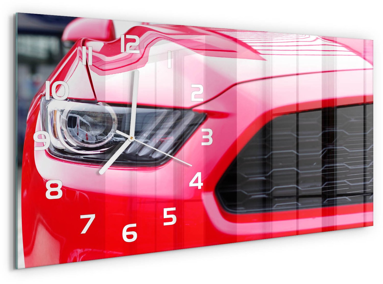 TULUP Wandklok - Rode Mustang Wandklok Glas Met Motief - 60x30 cm - Rood Decoratieve Glazen Klok - Witte handen - Rechthoekige Klok - Gekleurde Glazen Klok - Glazen Klok Met Print
