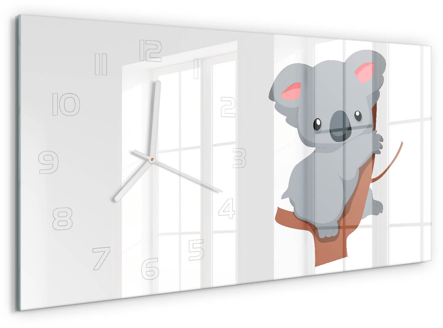 TULUP Wandklok - Koala in een boom Wandklok Glas Decoratie - 60x30 cm - Grijs Gekleurde Glazen Klok - Witte handen - Rechthoekige Klok - Klok Glas Met Opdruk - Moderne Wandklok Glas