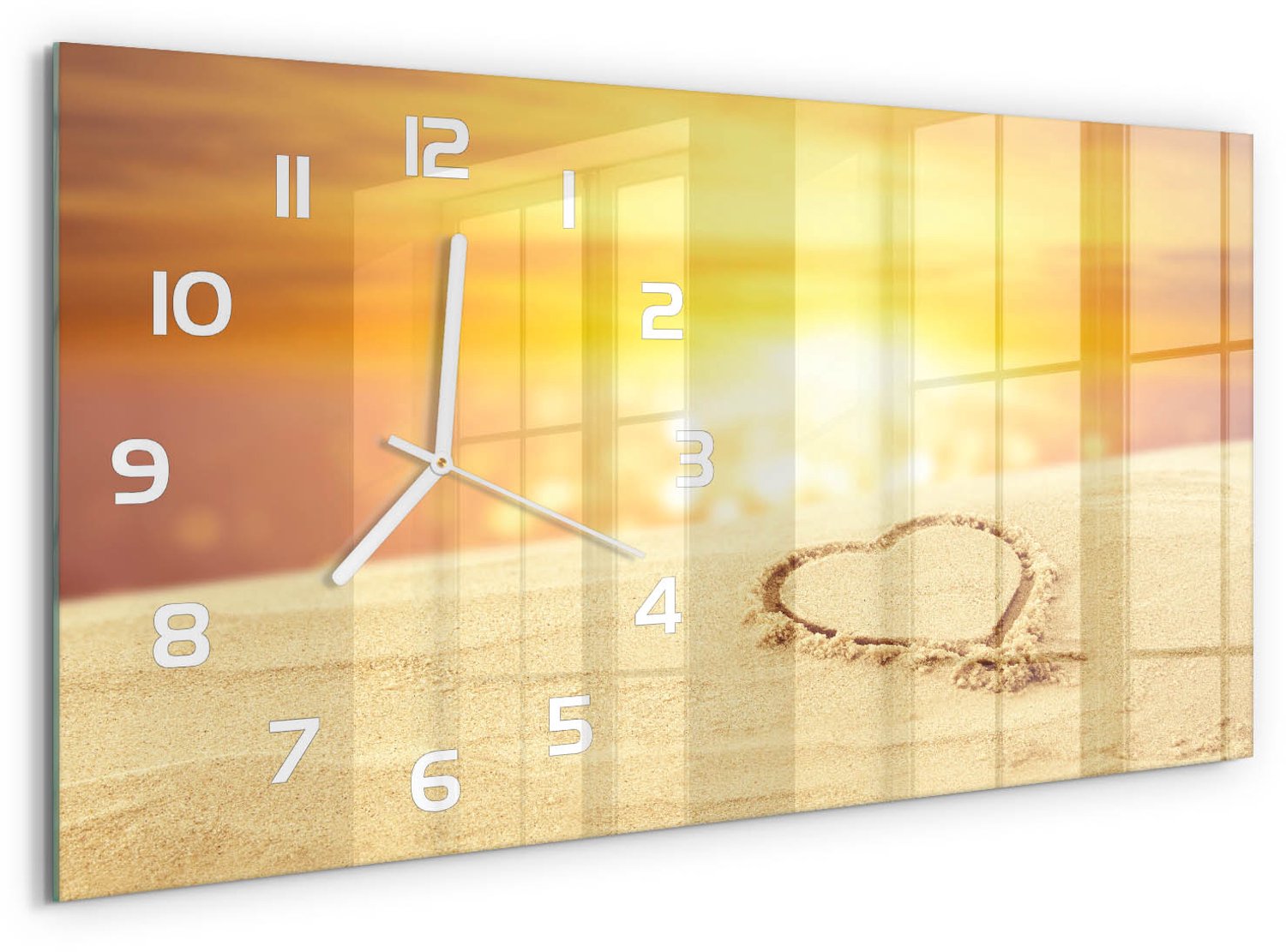 TULUP Wandklok - Hart in het zand Gekleurde Glazen Klok - 60x30 cm - Geel Glazen Klok Met Print - Witte handen - Rechthoekige Klok - Moderne Wandklok Glas - Wandklok Glas Decoratie