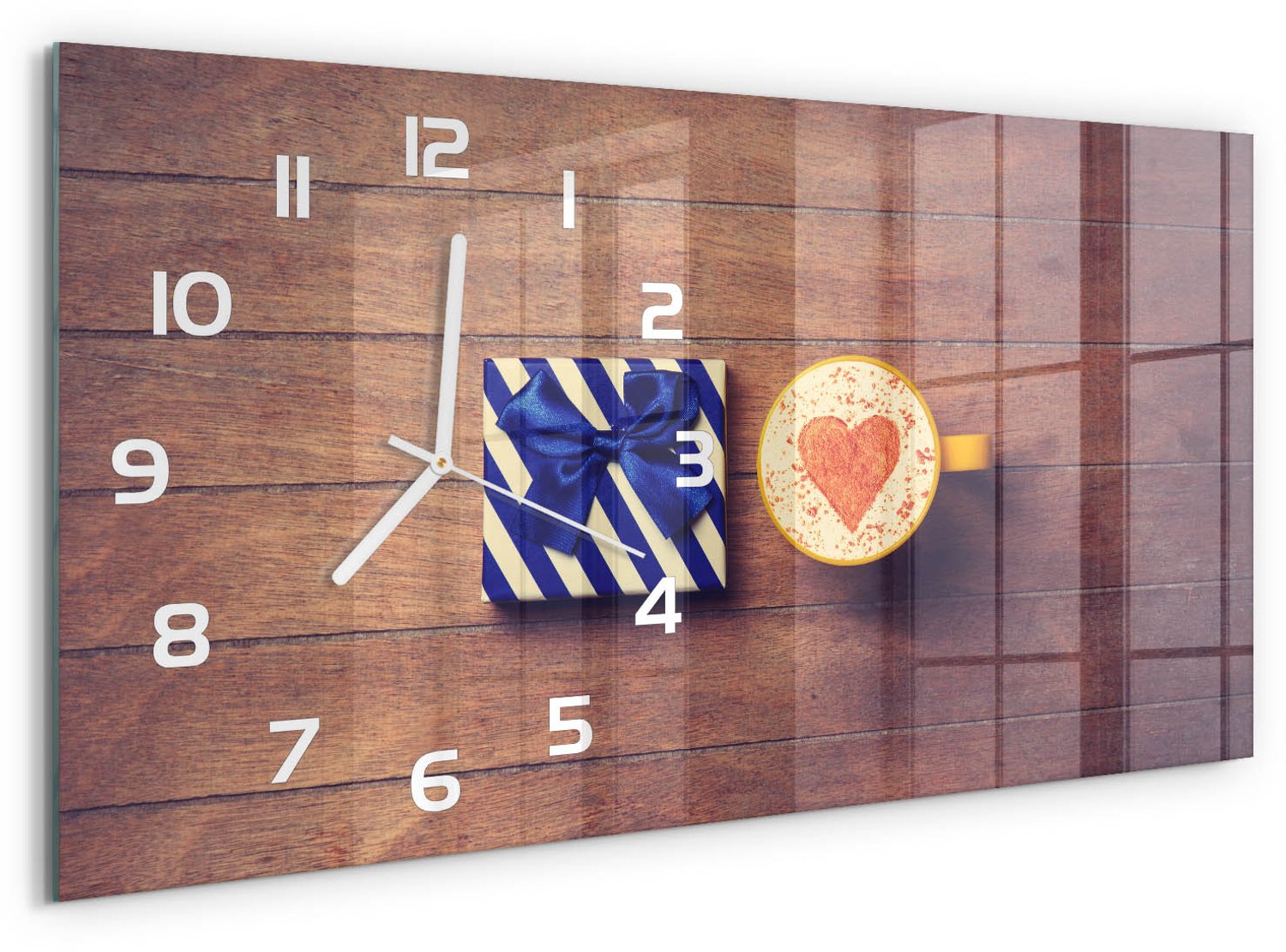TULUP Wandklok - Koffie en cadeau Wandklok Glas Met Motief - 60x30 cm - Blauw Decoratieve Glazen Klok - Witte handen - Rechthoekige Klok - Gekleurde Glazen Klok - Glazen Klok Met Print