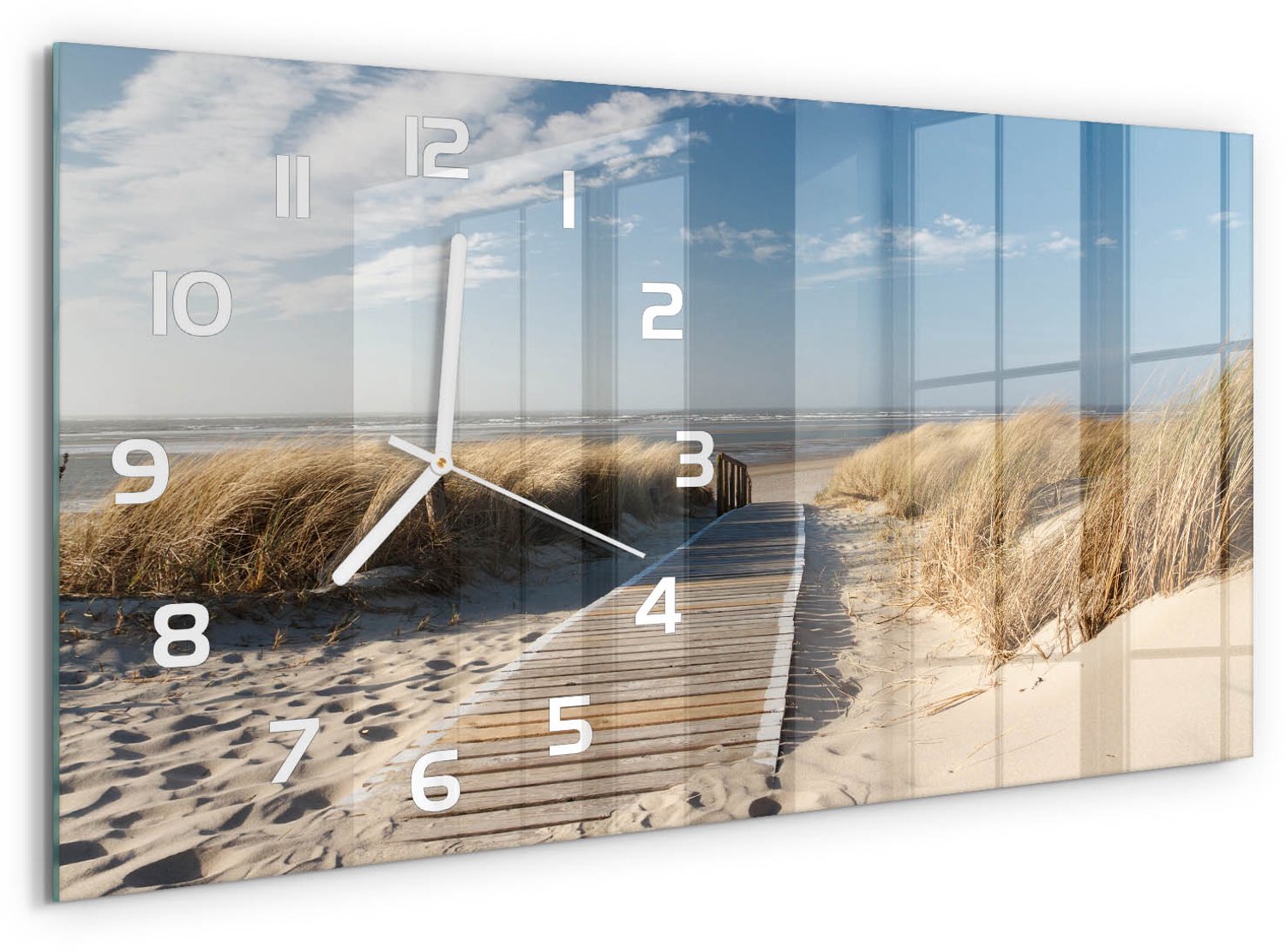 TULUP Wandklok - De weg naar het strand Wandklok Glas Decoratie - 60x30 cm - Beige Gekleurde Glazen Klok - Witte handen - Rechthoekige Klok - Klok Glas Met Opdruk - Moderne Wandklok Glas