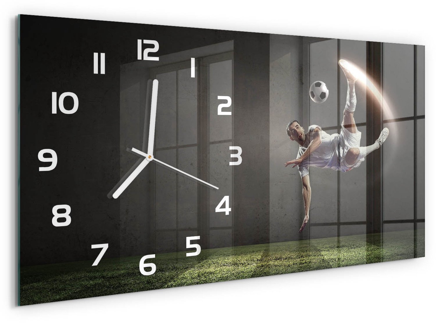 TULUP Wandklok - Voetballer Gekleurde Glazen Klok - 60x30 cm - Zwart Glazen Klok Met Print - Witte handen - Rechthoekige Klok - Moderne Wandklok Glas - Wandklok Glas Decoratie