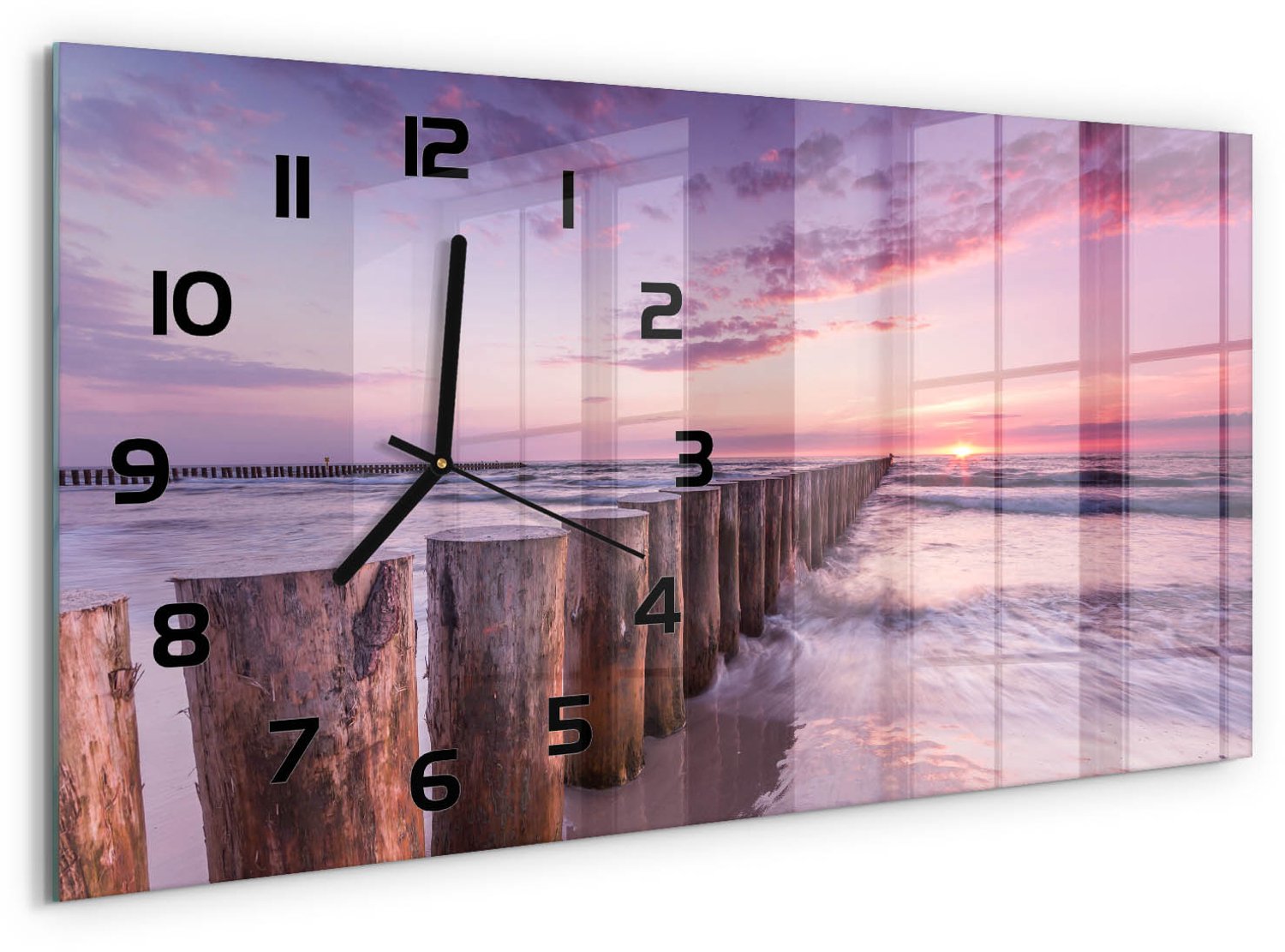 TULUP Wandklok - Golfbreker Decoratieve Glazen Klok - 60x30 cm - Roze Glazen Wandklok Design - Zwarte handen - Rechthoekige Klok - Glazen Klok Met Print - Wandklok Glas Met Motief