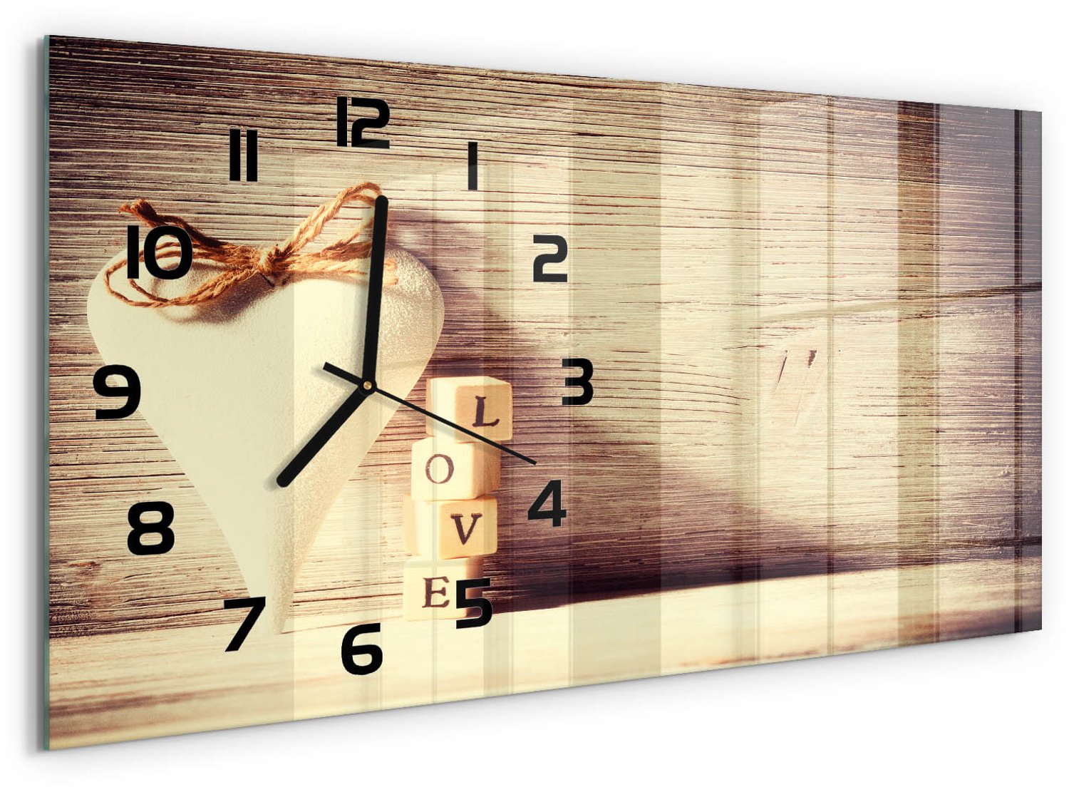 TULUP Wandklok - Liefde Klok Glas Met Opdruk - 60x30 cm - Beige Moderne Wandklok Glas - Zwarte handen - Rechthoekige Klok - Decoratieve Glazen Klok - Glazen Wandklok Design