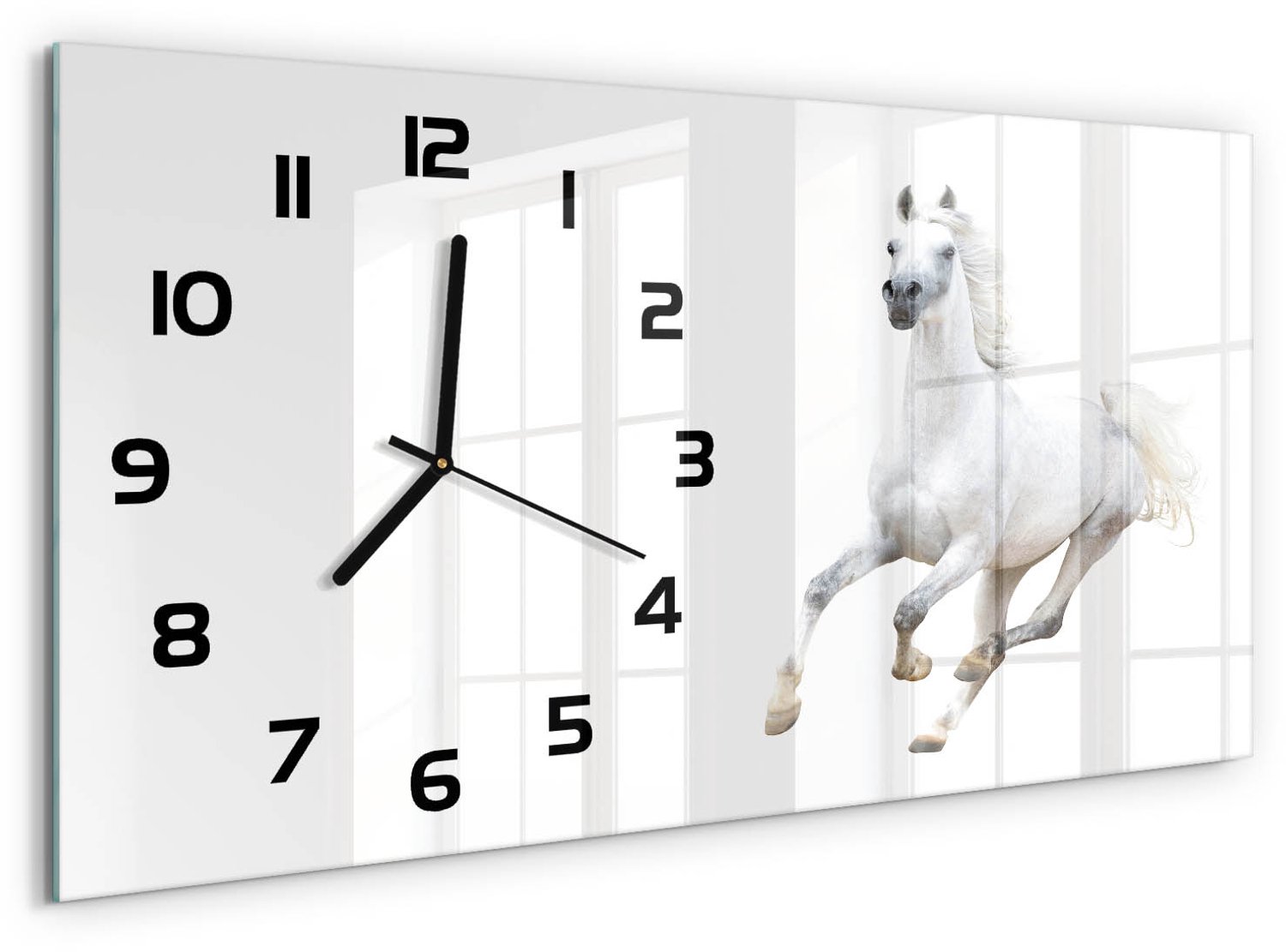 TULUP Wandklok - Wit Arabisch paard Glazen Wandklok Design - 60x30 cm - Wit Klok Glas Met Opdruk - Zwarte handen - Rechthoekige Klok - Wandklok Glas Met Motief - Decoratieve Glazen Klok