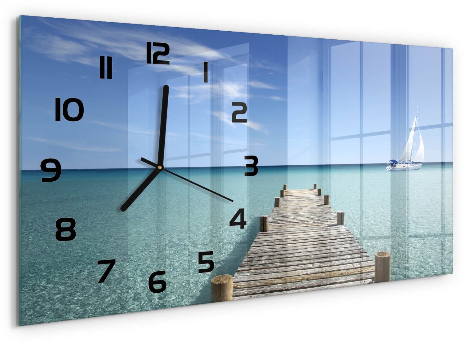 TULUP Wandklok - Houten brug Glazen Klok Met Print - 60x30 cm - Blauw Wandklok Glas Met Motief - Zwarte handen - Rechthoekige Klok - Wandklok Glas Decoratie - Gekleurde Glazen Klok