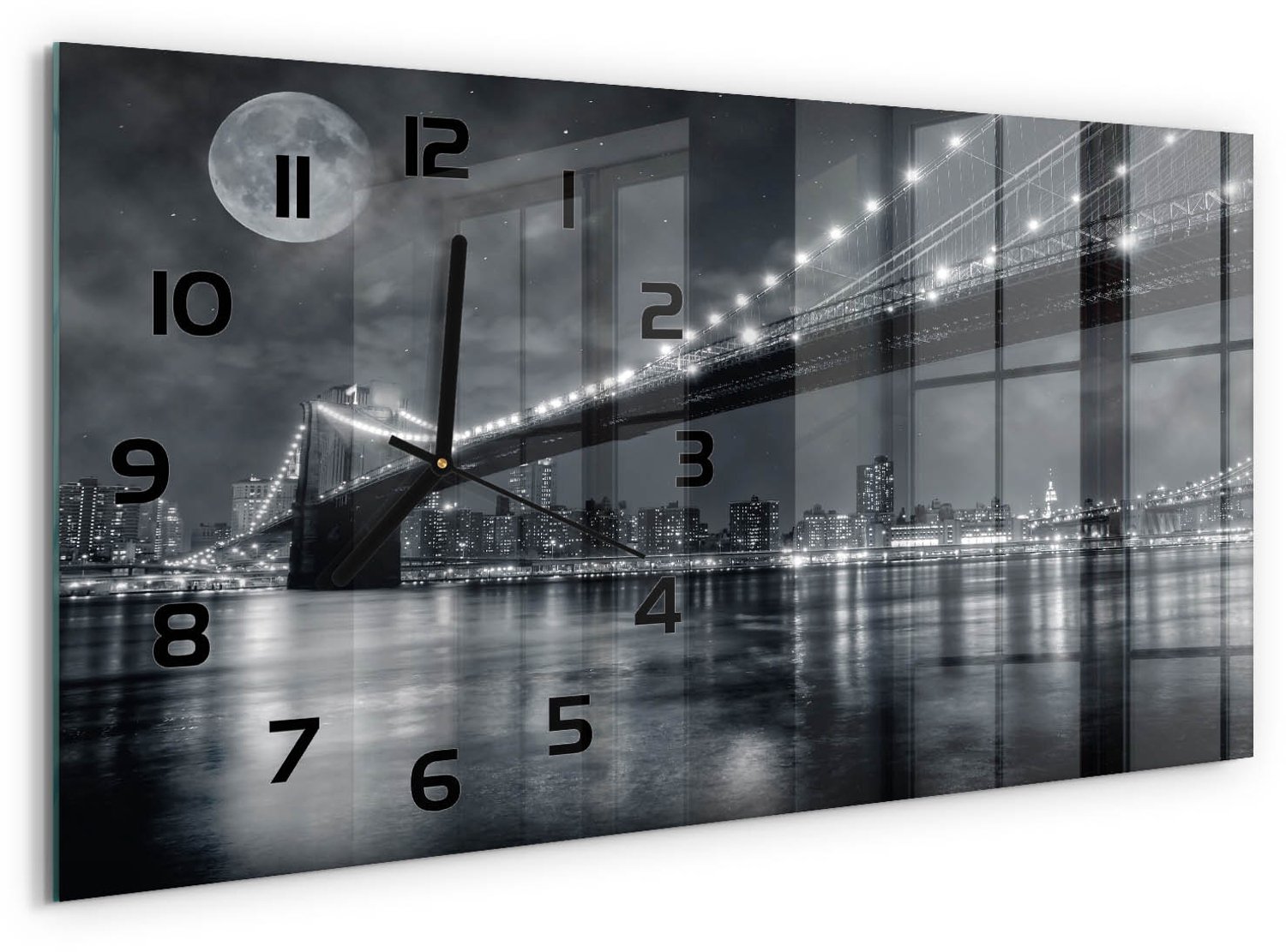 TULUP Wandklok - Brooklynbrug Moderne Wandklok Glas - 60x30 cm - Zwart-wit Wandklok Glas Decoratie - Zwarte handen - Rechthoekige Klok - Glazen Wandklok Design - Klok Glas Met Opdruk