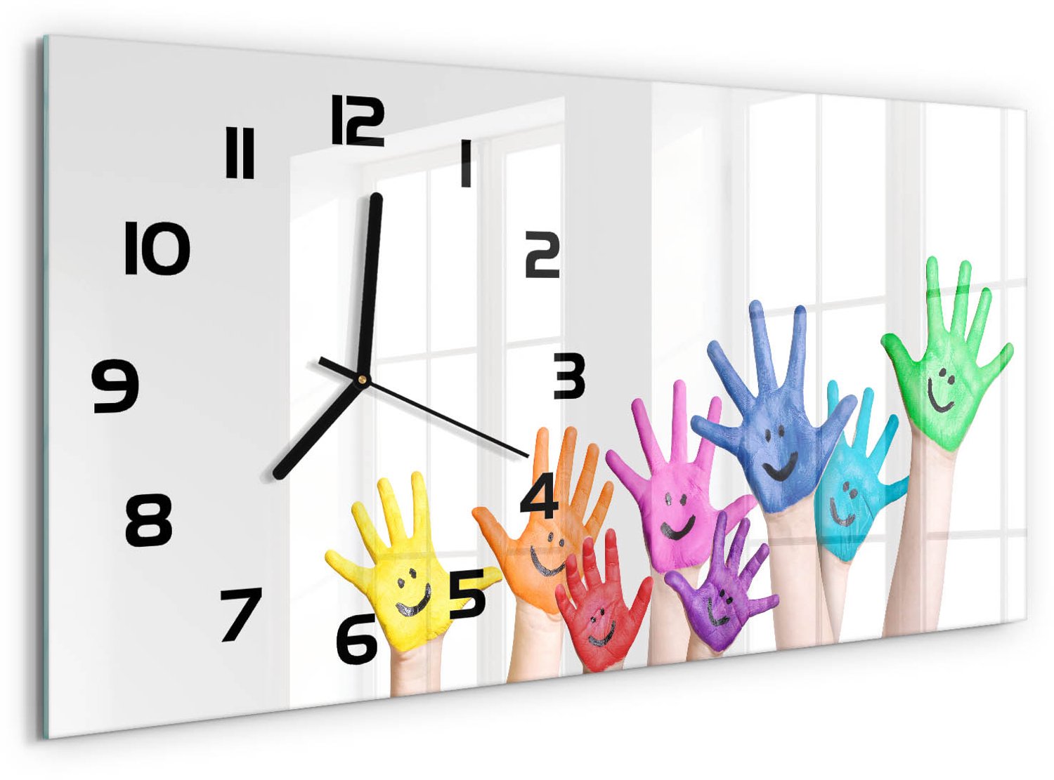 TULUP Wandklok - Geschilderde handen Gekleurde Glazen Klok - 60x30 cm - Veelkleurig Glazen Klok Met Print - Zwarte handen - Rechthoekige Klok - Moderne Wandklok Glas - Wandklok Glas Decoratie