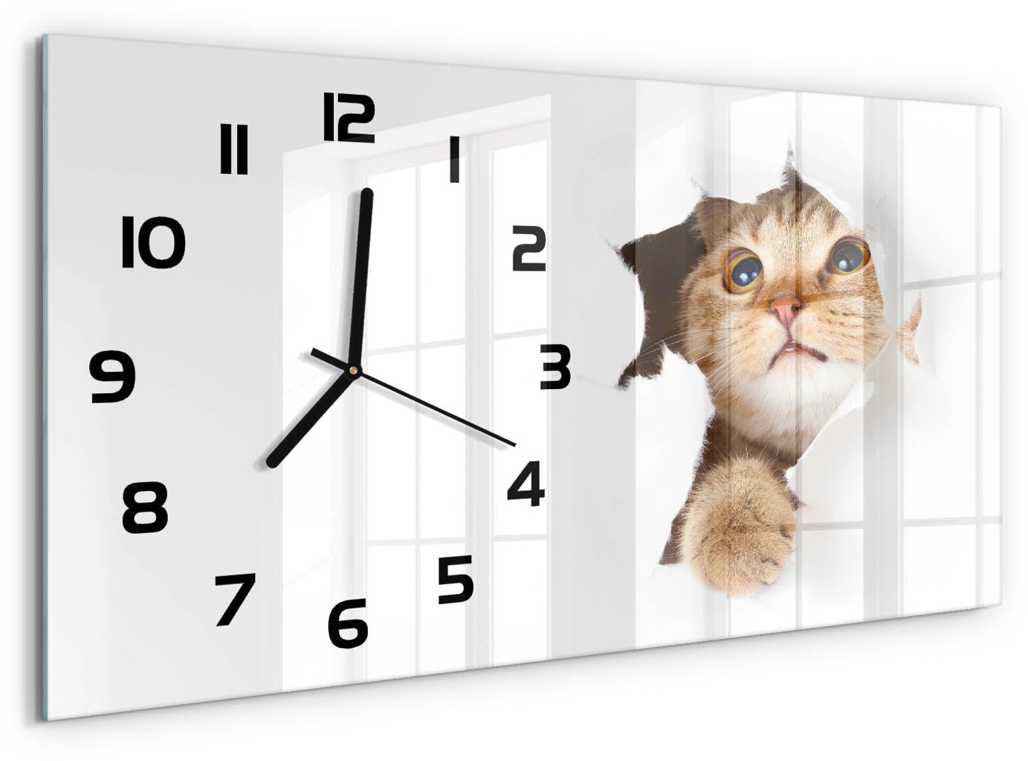 TULUP Wandklok - Kat in het gat Wandklok Glas Decoratie - 60x30 cm - Beige Gekleurde Glazen Klok - Zwarte handen - Rechthoekige Klok - Klok Glas Met Opdruk - Moderne Wandklok Glas