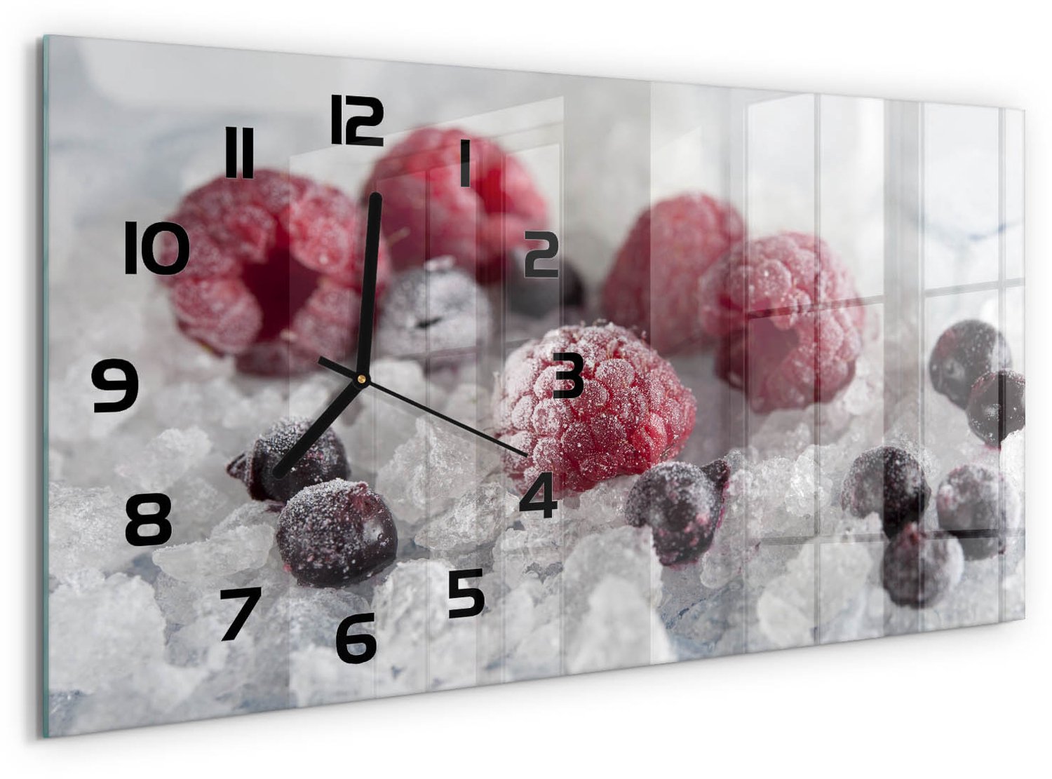 TULUP Wandklok - Bevroren bosvruchten Wandklok Glas Met Motief - 60x30 cm - Rood Decoratieve Glazen Klok - Zwarte handen - Rechthoekige Klok - Gekleurde Glazen Klok - Glazen Klok Met Print