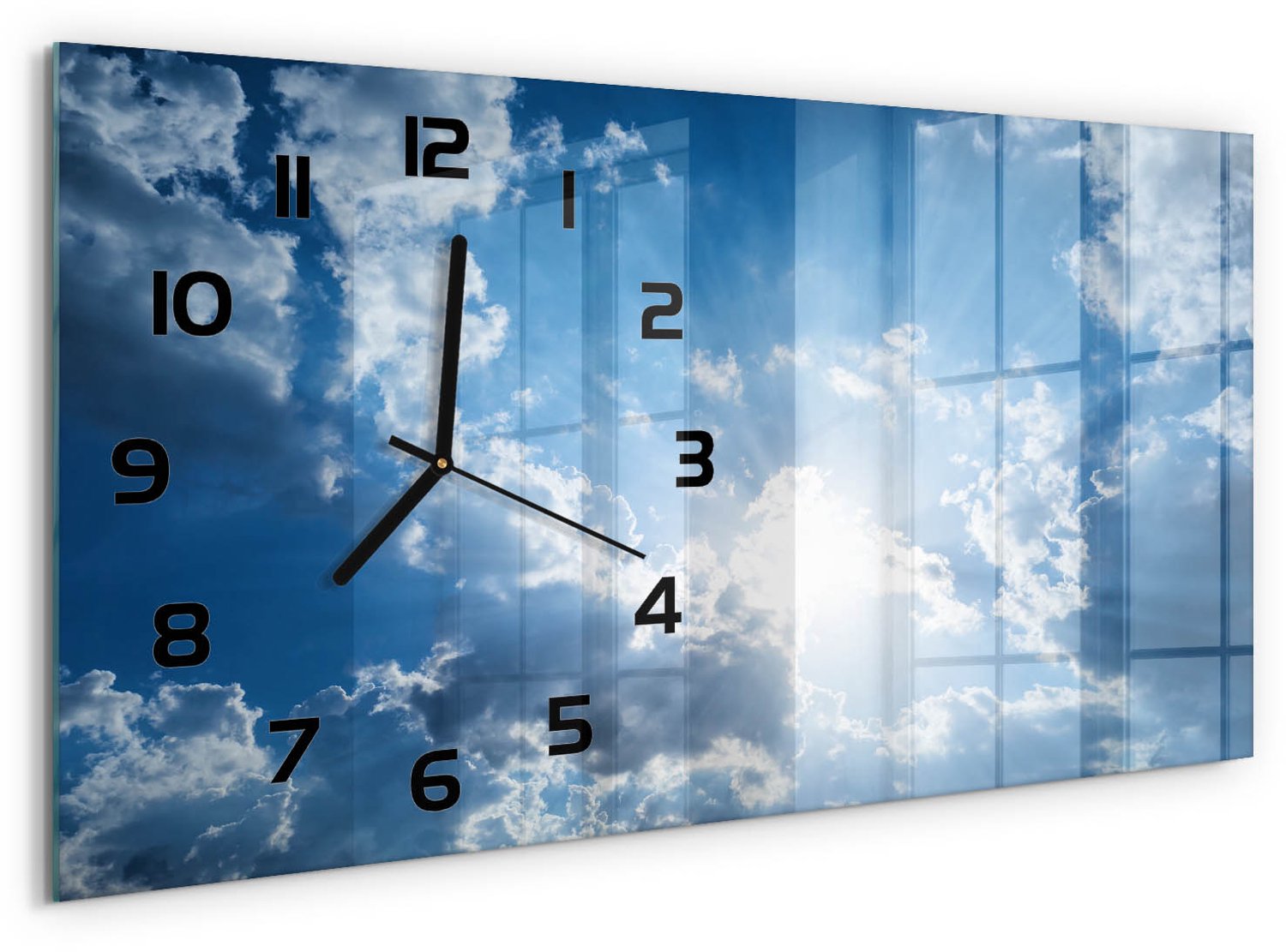 TULUP Wandklok - Wolken aan de hemel Glazen Klok Met Print - 60x30 cm - Blauw Wandklok Glas Met Motief - Zwarte handen - Rechthoekige Klok - Wandklok Glas Decoratie - Gekleurde Glazen Klok