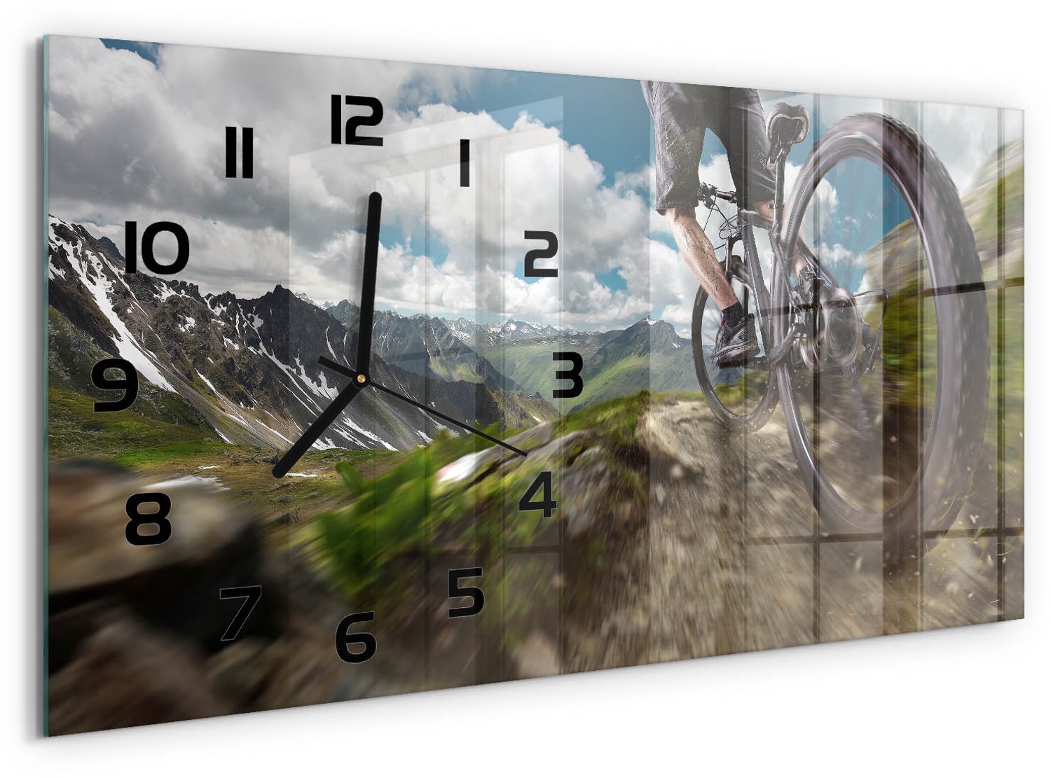 TULUP Wandklok - Mountainbiken Klok Glas Met Opdruk - 60x30 cm - Groente Moderne Wandklok Glas - Zwarte handen - Rechthoekige Klok - Decoratieve Glazen Klok - Glazen Wandklok Design