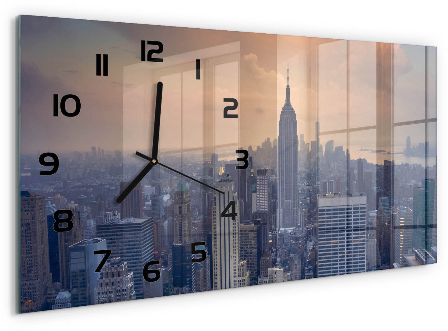 TULUP Wandklok - Manhattan, New York Gekleurde Glazen Klok - 60x30 cm - Grijs Glazen Klok Met Print - Zwarte handen - Rechthoekige Klok - Moderne Wandklok Glas - Wandklok Glas Decoratie