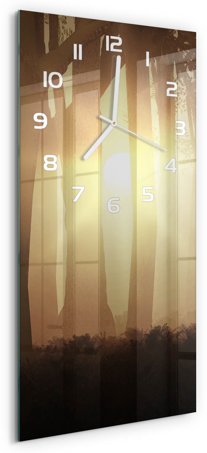Tulup Wandklok - Mist in het bos Glazen Klok Met Print - 30x60 cm - Bruin Wandklok Glas Met Motief - Witte handen - Rechthoekige Klok - Wandklok Glas Decoratie - Gekleurde Glazen Klok