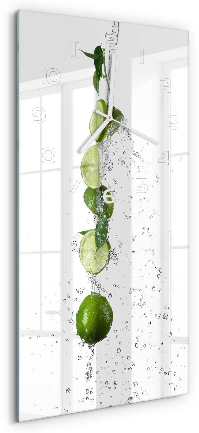 Tulup Wandklok - Kalk en water Wandklok Glas Decoratie - 30x60 cm - Groente Gekleurde Glazen Klok - Witte handen - Rechthoekige Klok - Klok Glas Met Opdruk - Moderne Wandklok Glas