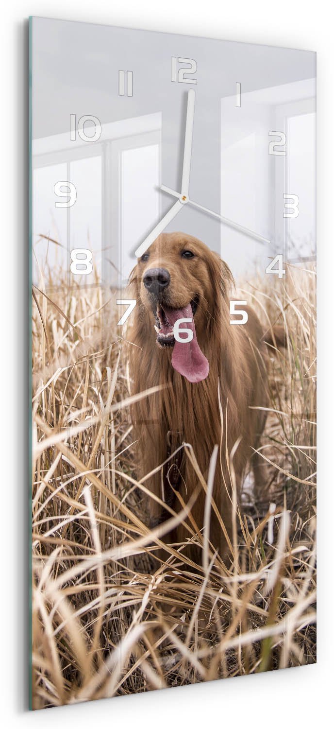 Tulup Wandklok - Gouden Retriever Glazen Wandklok Design - 30x60 cm - Beige Klok Glas Met Opdruk - Witte handen - Rechthoekige Klok - Wandklok Glas Met Motief - Decoratieve Glazen Klok