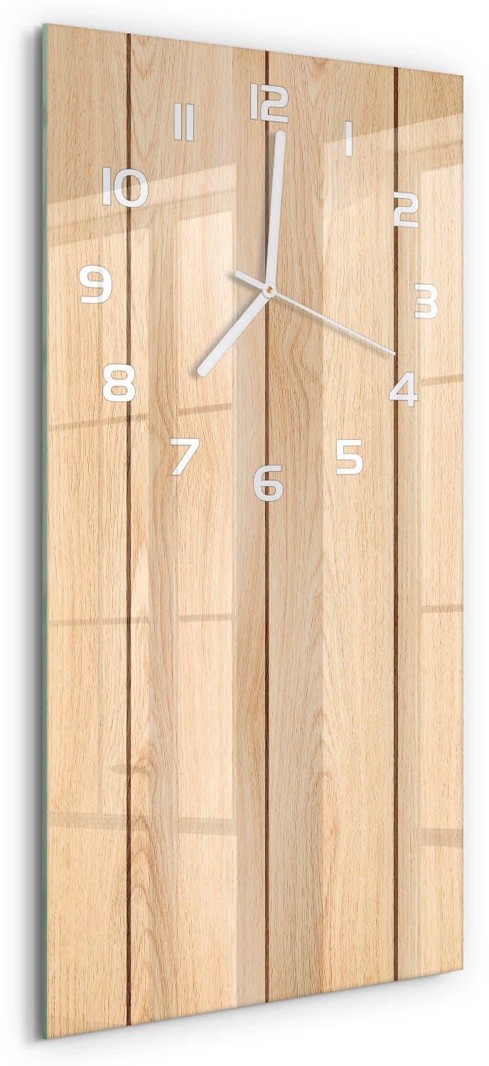 Tulup Wandklok - Houten achtergrond Glazen Wandklok Design - 30x60 cm - Beige Klok Glas Met Opdruk - Witte handen - Rechthoekige Klok - Wandklok Glas Met Motief - Decoratieve Glazen Klok