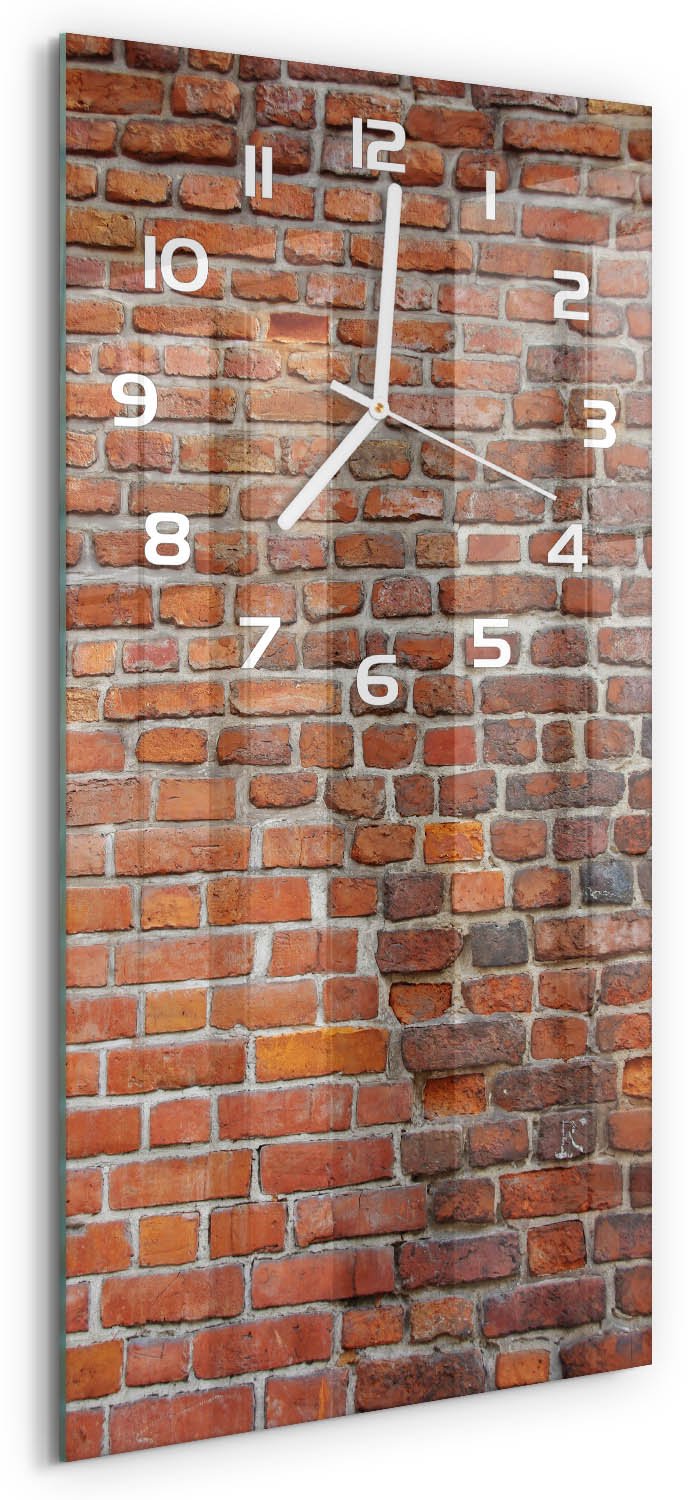 Tulup Wandklok - Bakstenen muur Glazen Klok Met Print - 30x60 cm - Oranje Wandklok Glas Met Motief - Witte handen - Rechthoekige Klok - Wandklok Glas Decoratie - Gekleurde Glazen Klok