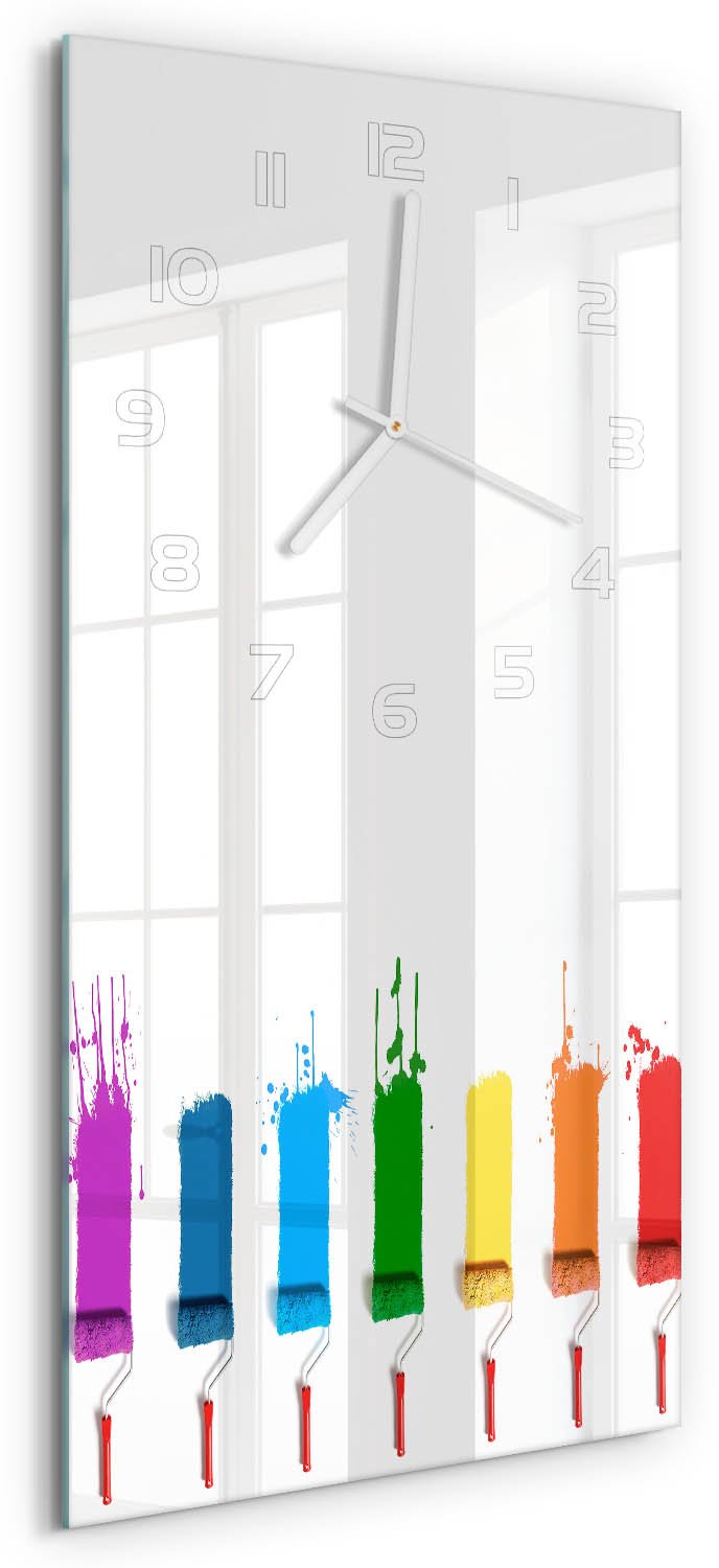 Tulup Wandklok - Verfrollers Gekleurde Glazen Klok - 30x60 cm - Veelkleurig Glazen Klok Met Print - Witte handen - Rechthoekige Klok - Moderne Wandklok Glas - Wandklok Glas Decoratie