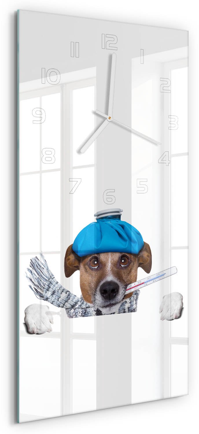 Tulup Wandklok - Zieke hond Wandklok Glas Decoratie - 30x60 cm - Blauw Gekleurde Glazen Klok - Witte handen - Rechthoekige Klok - Klok Glas Met Opdruk - Moderne Wandklok Glas