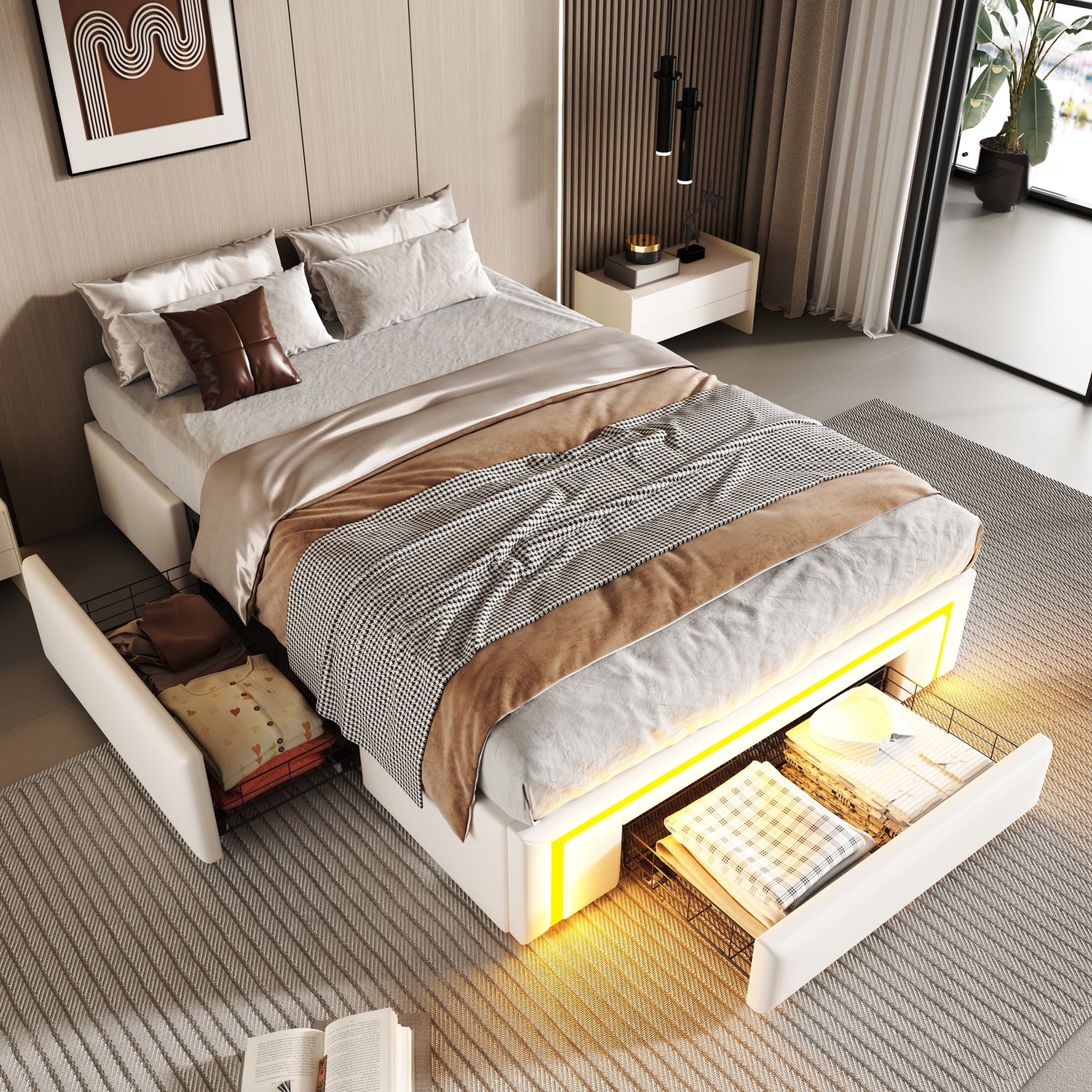 CHICFURN Bedframe 90 x 200 cm - LED-verlichting - Opberglades - Wit