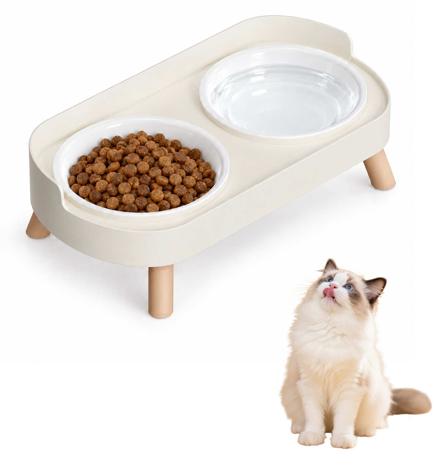 Verhoogde Dubbele Plastic Voerbak met Standaard - Spatbestendige Voer- en Waterbak - Geschikt voor Katten, Honden, Kittens en Puppy's - Wit