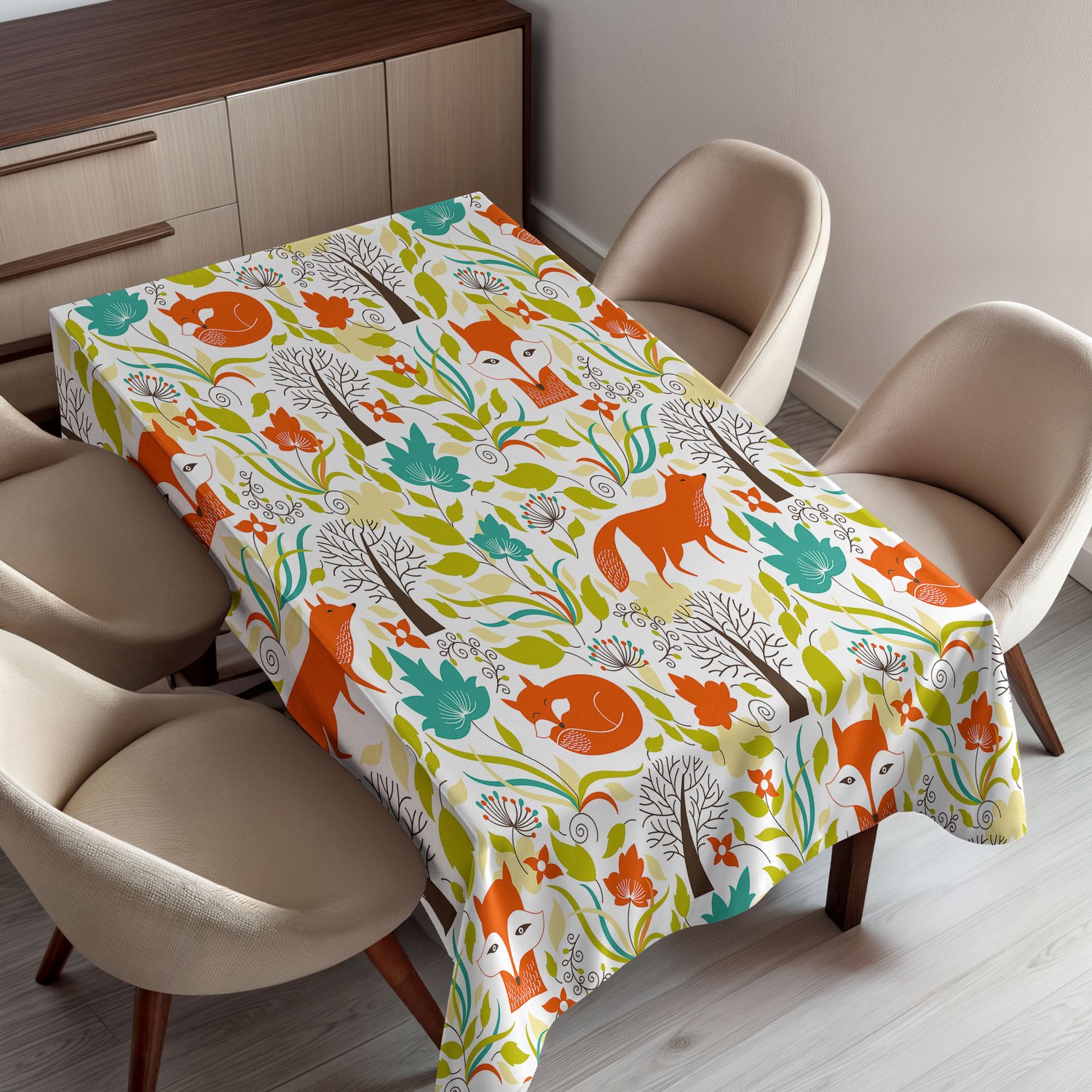 ABAKUHAUS Cartoon Tafelkleed, Wilde Vos en Wolf met Bladeren Bloemen en Kale Bomen Print, Rechthoekig Tafelkleed voor Eetkamer Keukendecoratie, 150 x 200 cm, Oranje Groen