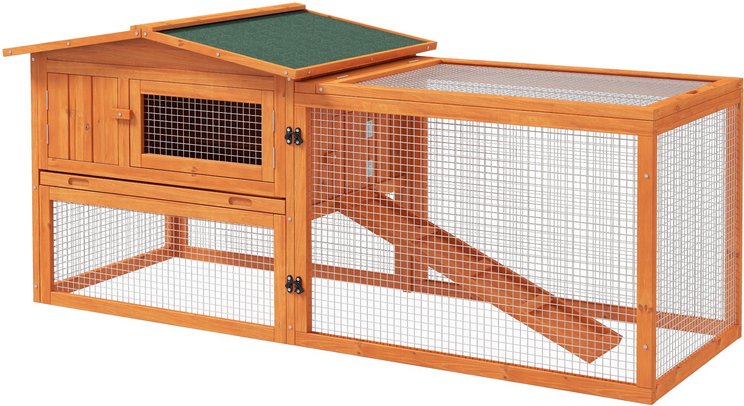 Pawona Kleintierstall van dennenhout - Met ren en uitneembaar dienblad - 156 x 58 x 68 cm - Oranje