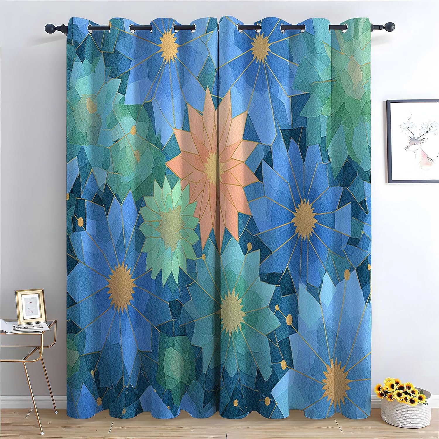 Verduisteringsgordijnen van linnen met bloemenpatroon voor de woonkamer, vintage, abstract, slaapkamer, met zilverkleurige ogen, beige/groen-A230 x B 130 cm (2 panelen)