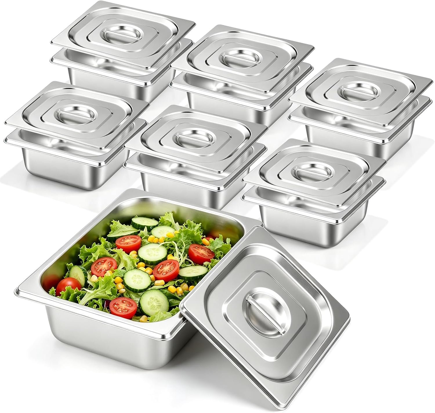6 stuks Gn containers met deksel, 1/6 afmetingen 17,6 x 16,2 x 10 cm, roestvrijstalen container met deksel, roestvrijstalen container met deksel, gastronormcontainer, warmhoudcontainer voedsel