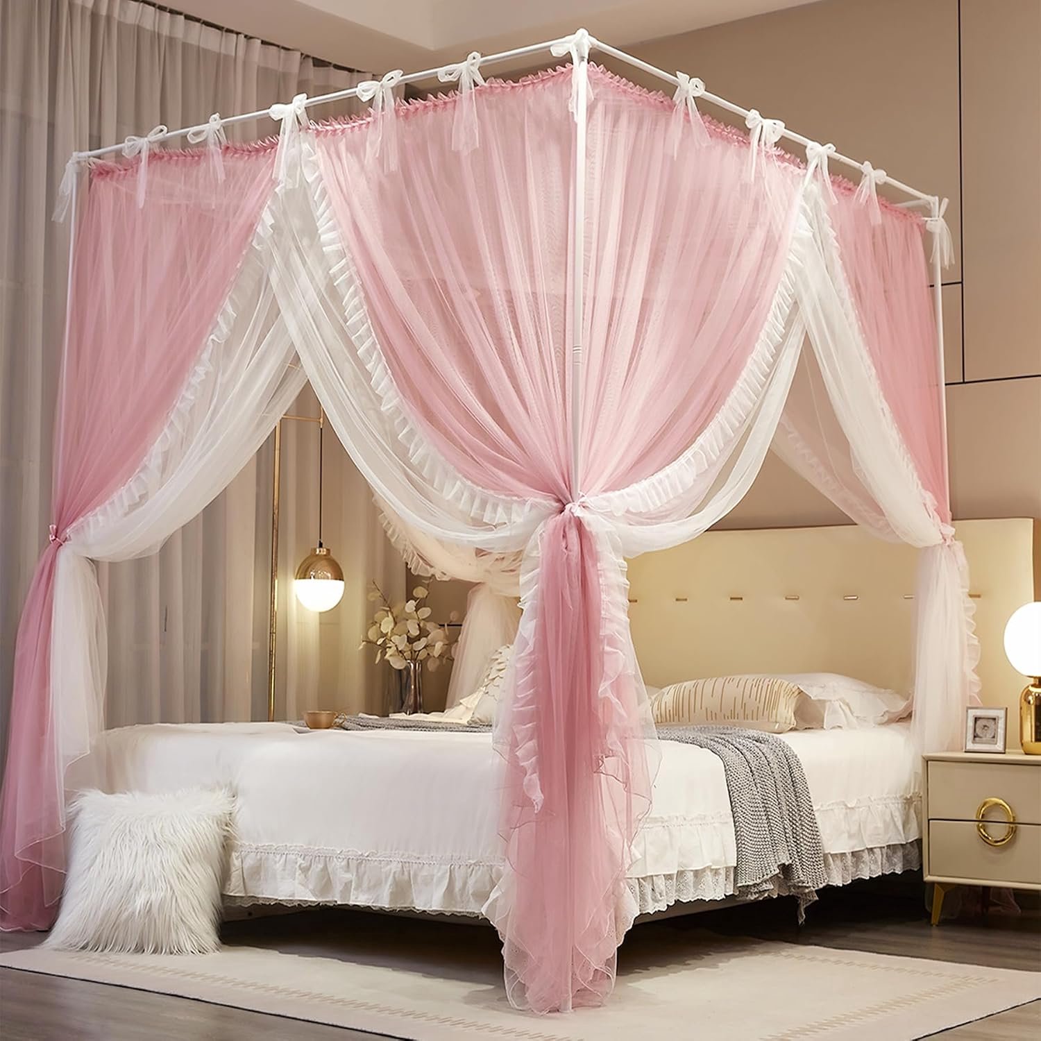 4 Hoeken Post Prinses Gordijn Bed Luifel Lace Up Dubbele Laag 4 Opening Klamboe Mesh voor Meisjes Slaapkamer Decoratie (Roze/Wit, 59" B*82" L*82" H/Queen)