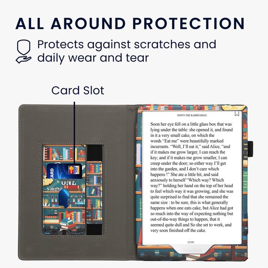 kwmobile e-reader hoesje geschikt voor Pocketbook InkPad One hoes - E reader flip case van kunstleer - Ereader cover met stand - bibliotheek design in meerkleurig — afbeelding 4