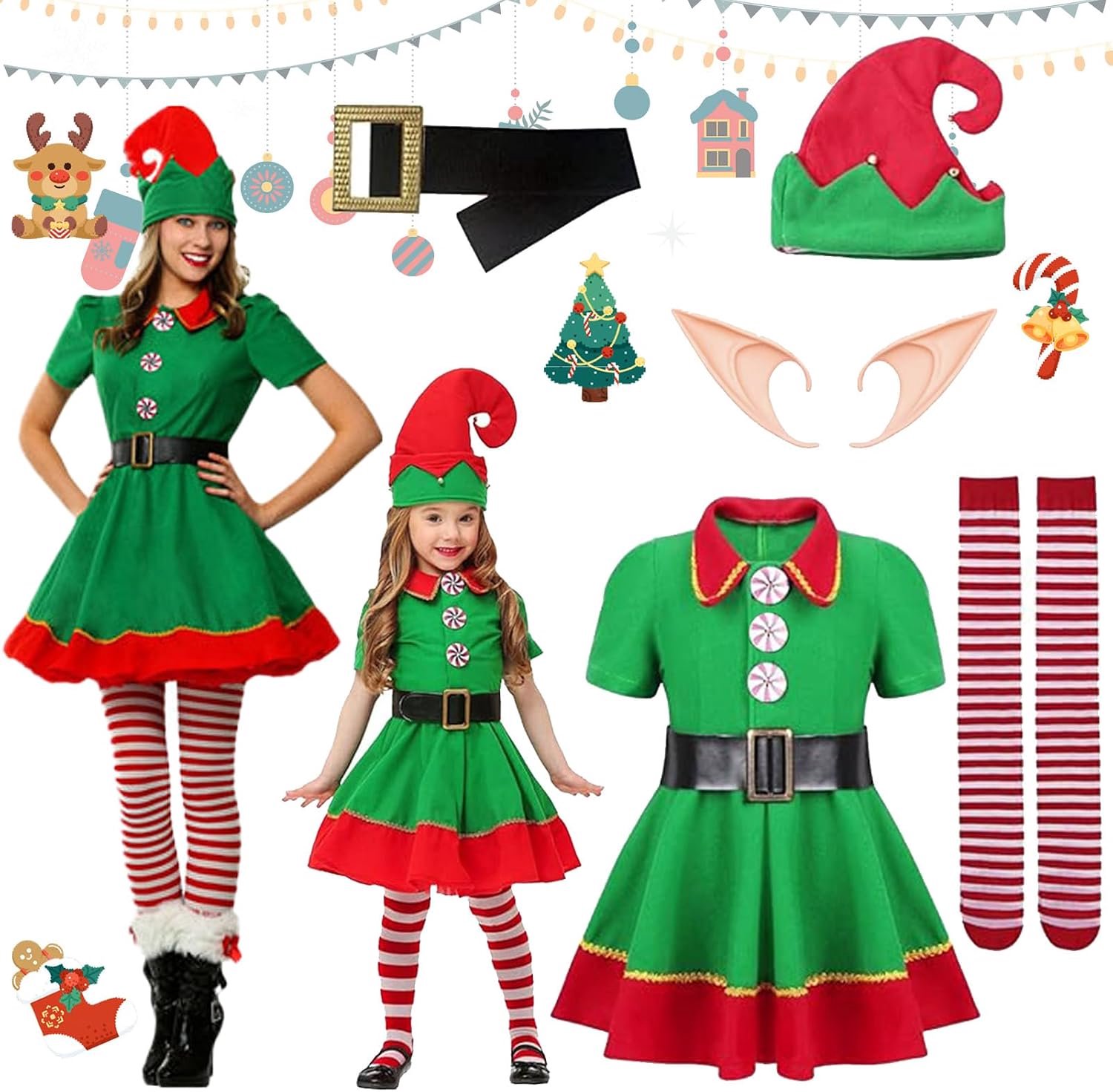 Wichtelkostuum voor kinderen, 5-delige kerstset, kleding met rok, riem, hoed, sokken, kabouteroren voor Kerstmis, carnaval, cosplay, feest